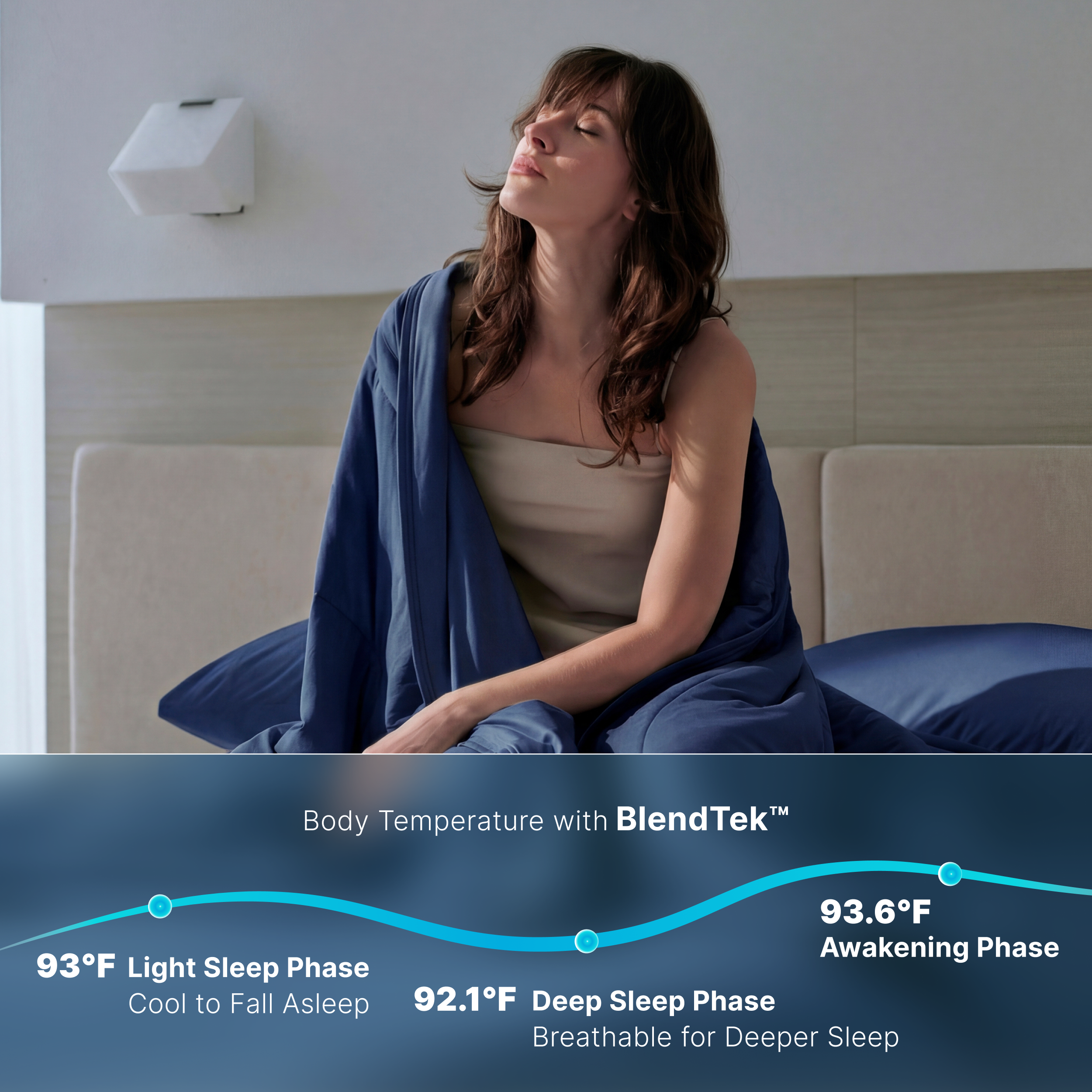 Woman relaxing under twilight blue Breescape cooling comforter with BlendTek™ temperature graph.
