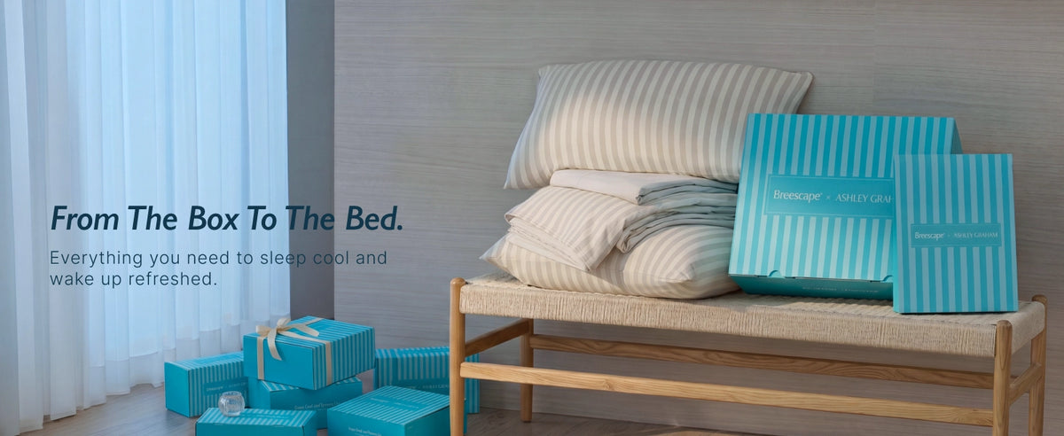 Striped neutral bedding with turquoise Breescape packaging
