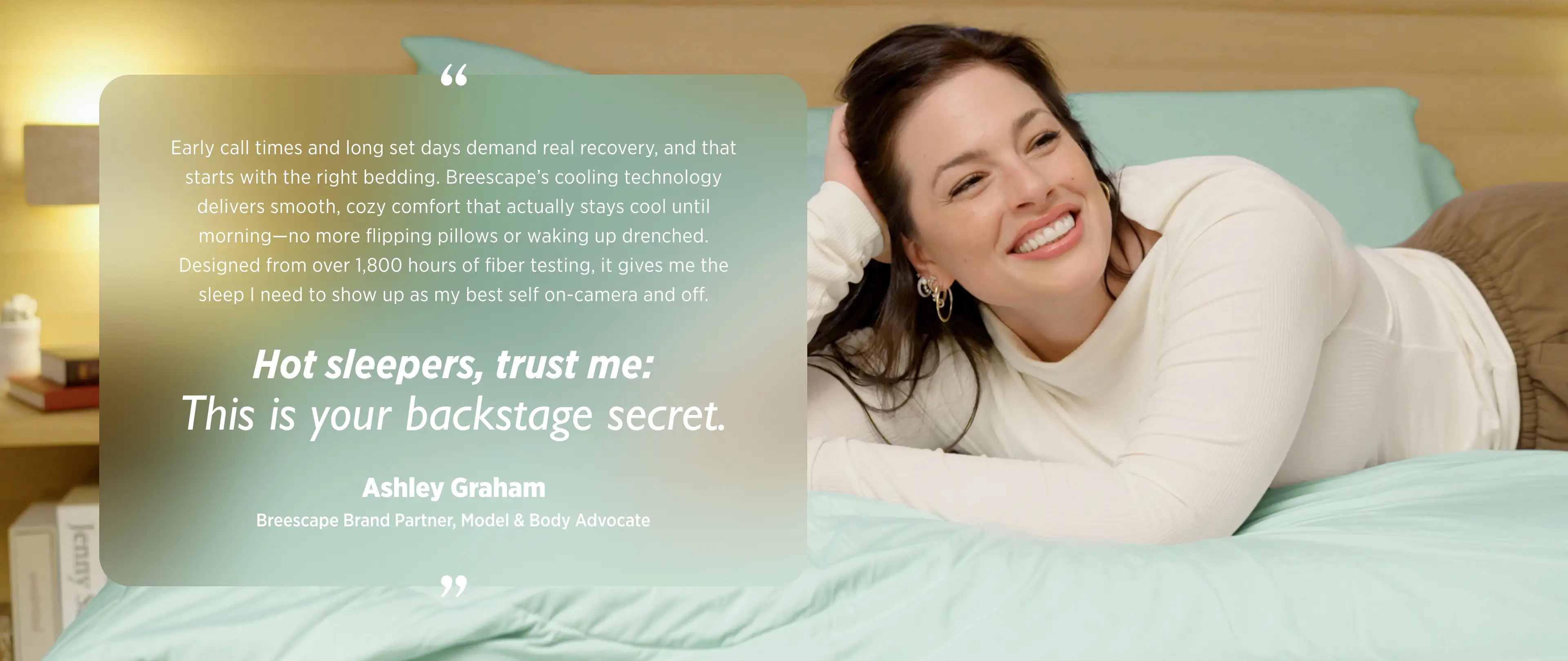 Woman lying on a bed with a text overlay about bedding technology