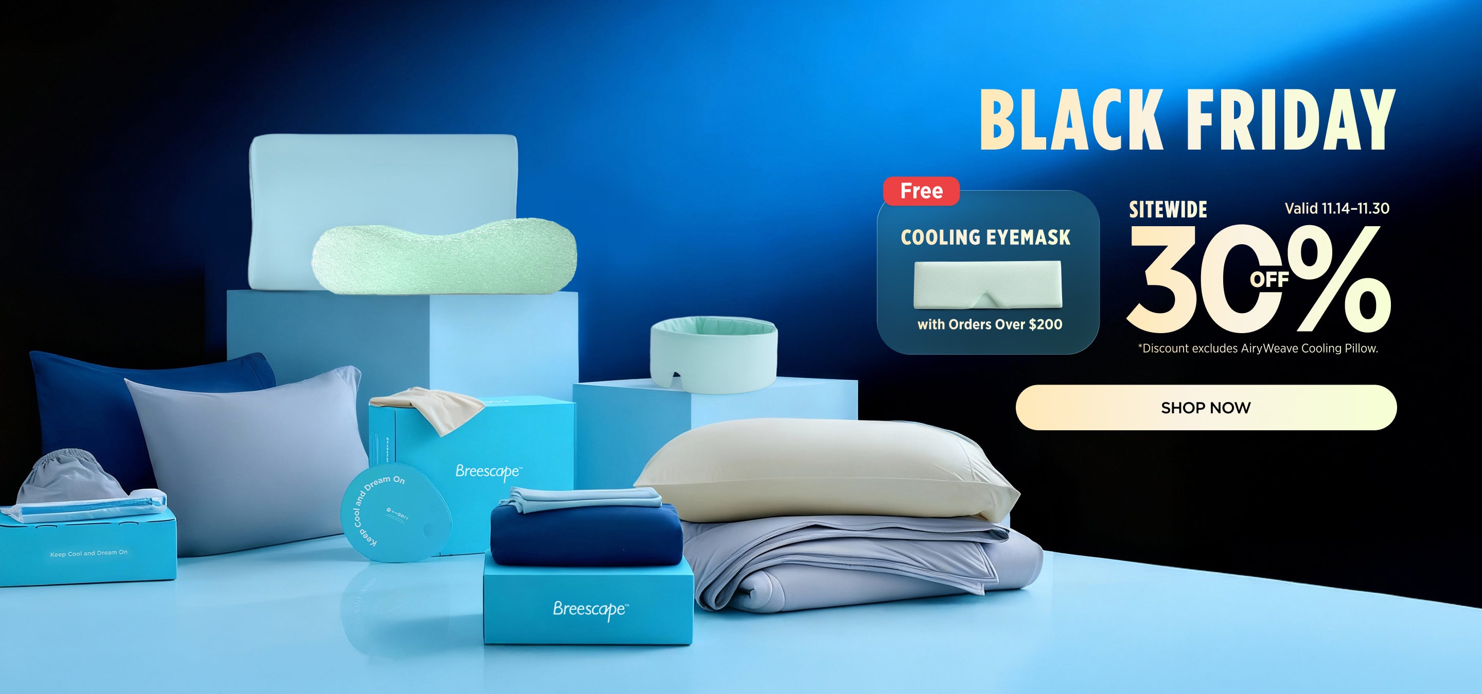 Sleep products including pillows and face masks on a blue background with Black Friday sale text.
