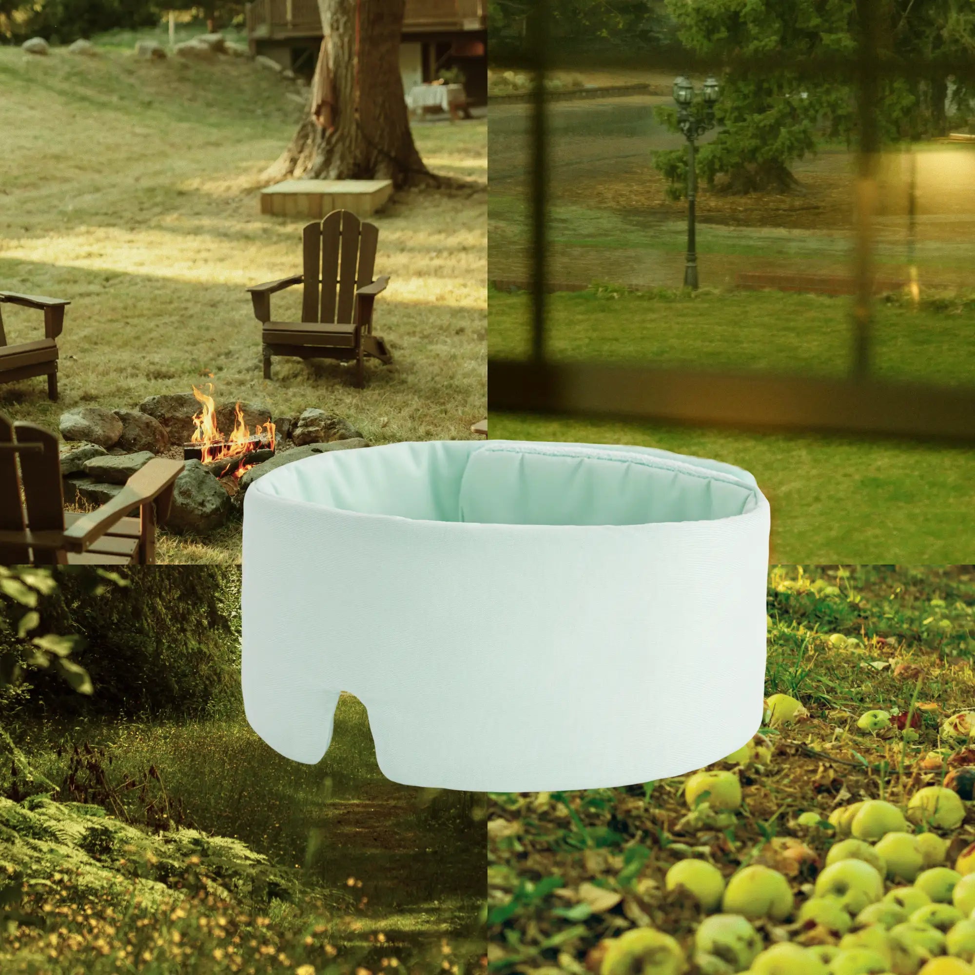 Collage of a white inflatable pool in a park setting with chairs, fire pit, and trees. #color_mint-green