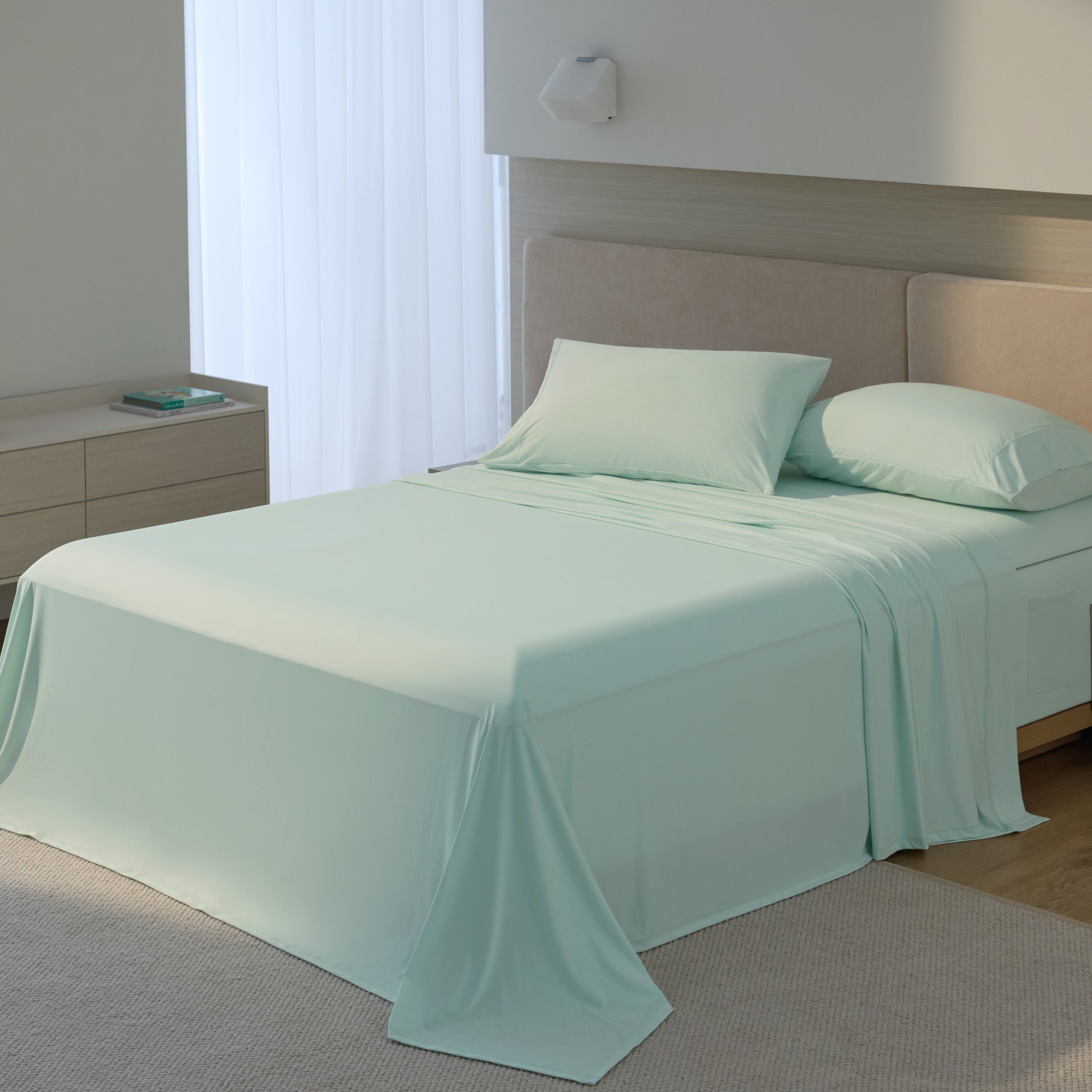 Breescape mint green cooling sheets for hot sleepers: breathable, dry comfort.
