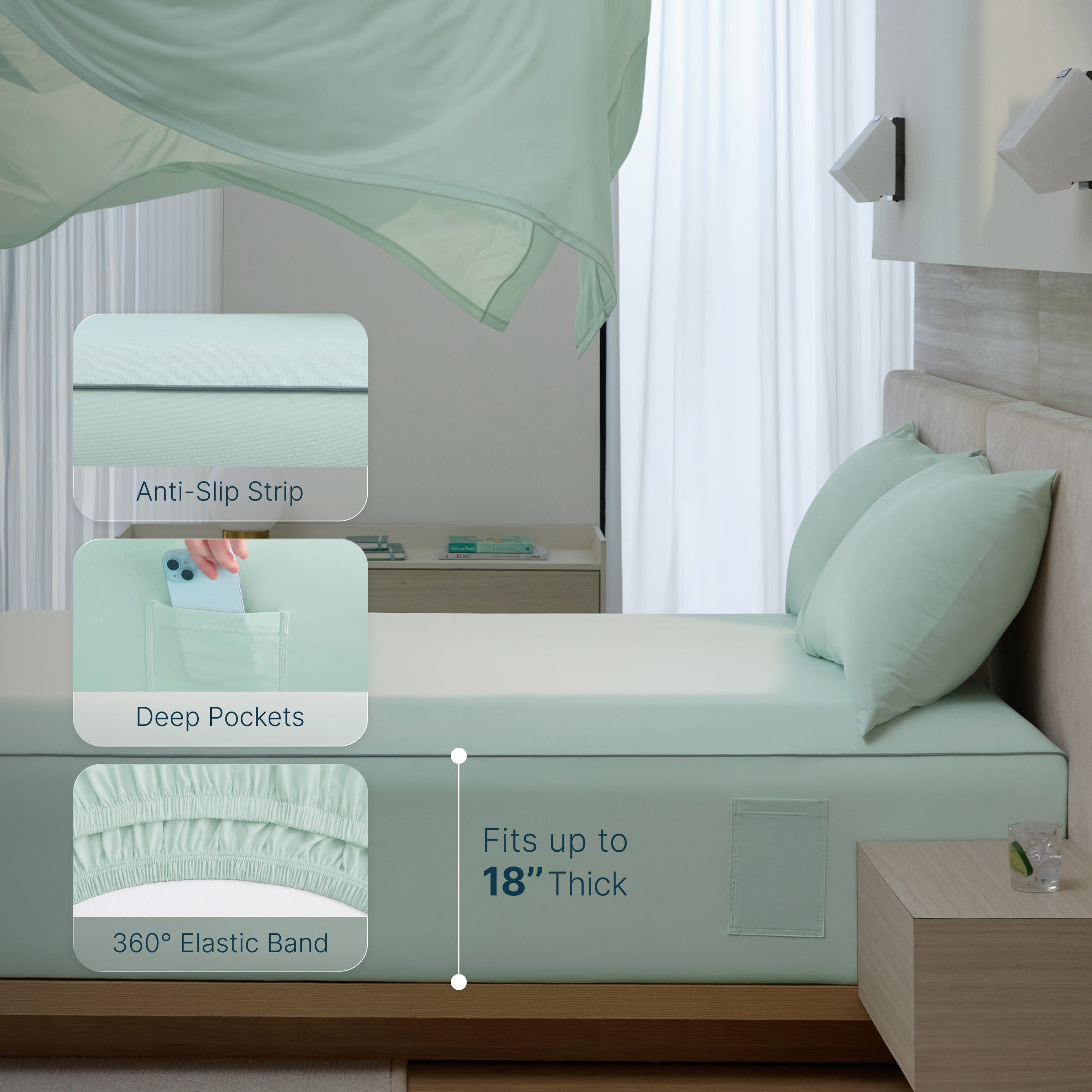 Breescape mint green cooling sheets: deep pockets, anti-slip strip, fits 18-inch mattress.