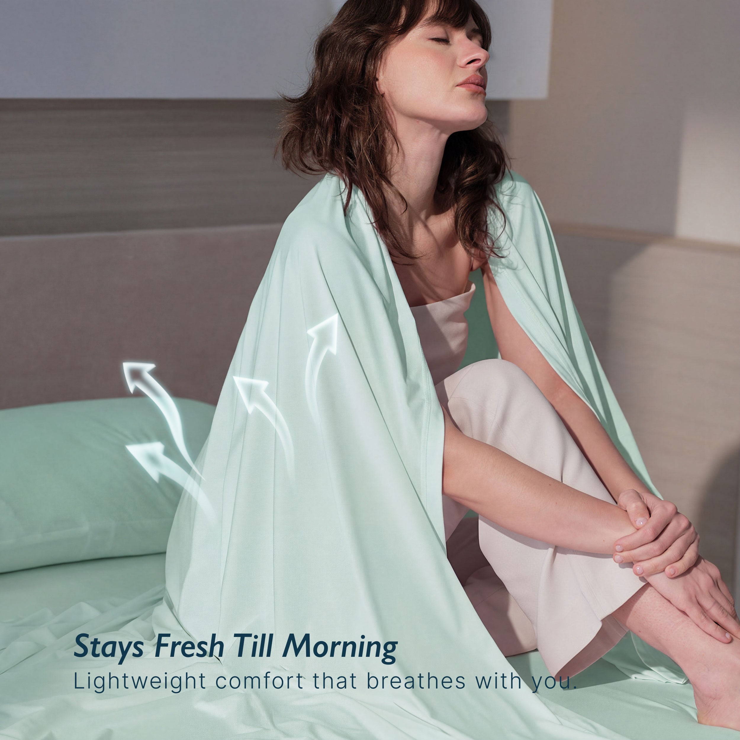Breescape mint green cooling sheet set, woman relaxing, breathability shown by airflow graphics.