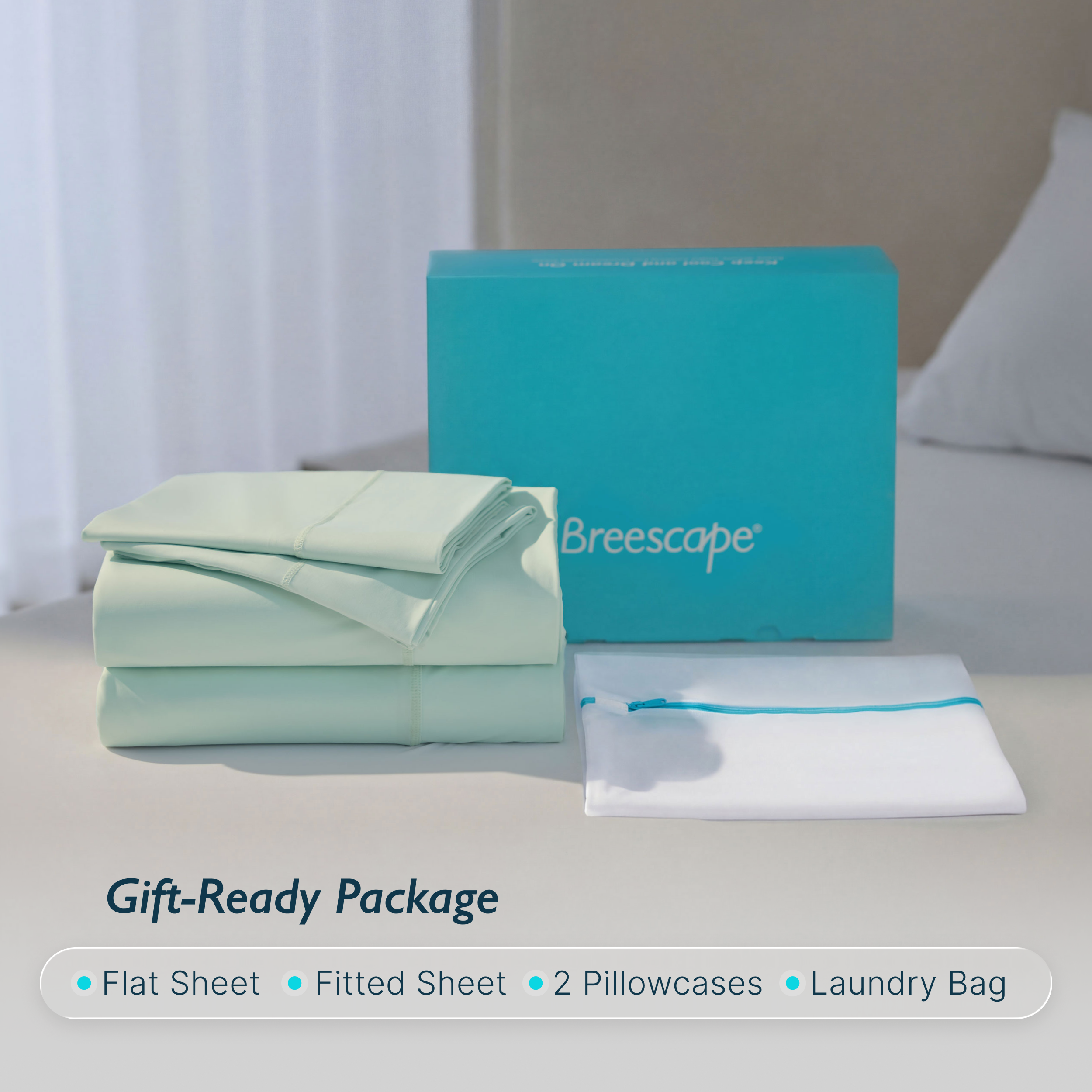 Breescape mint green cooling sheets set: breathable bedding gift package.