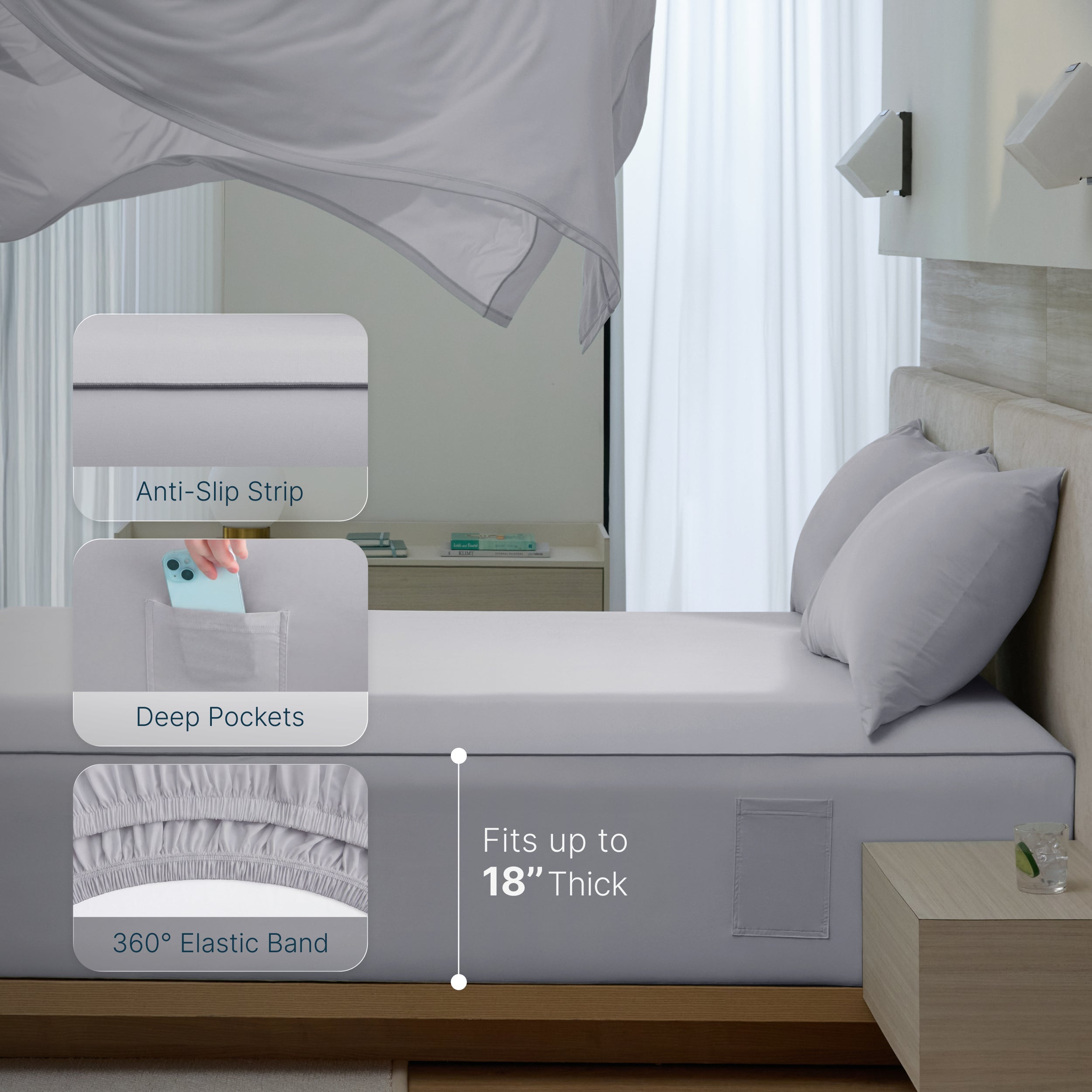 Breescape cooling sheet set misty grey: anti-slip, deep pockets, fits 18" mattress for hot sleepers.