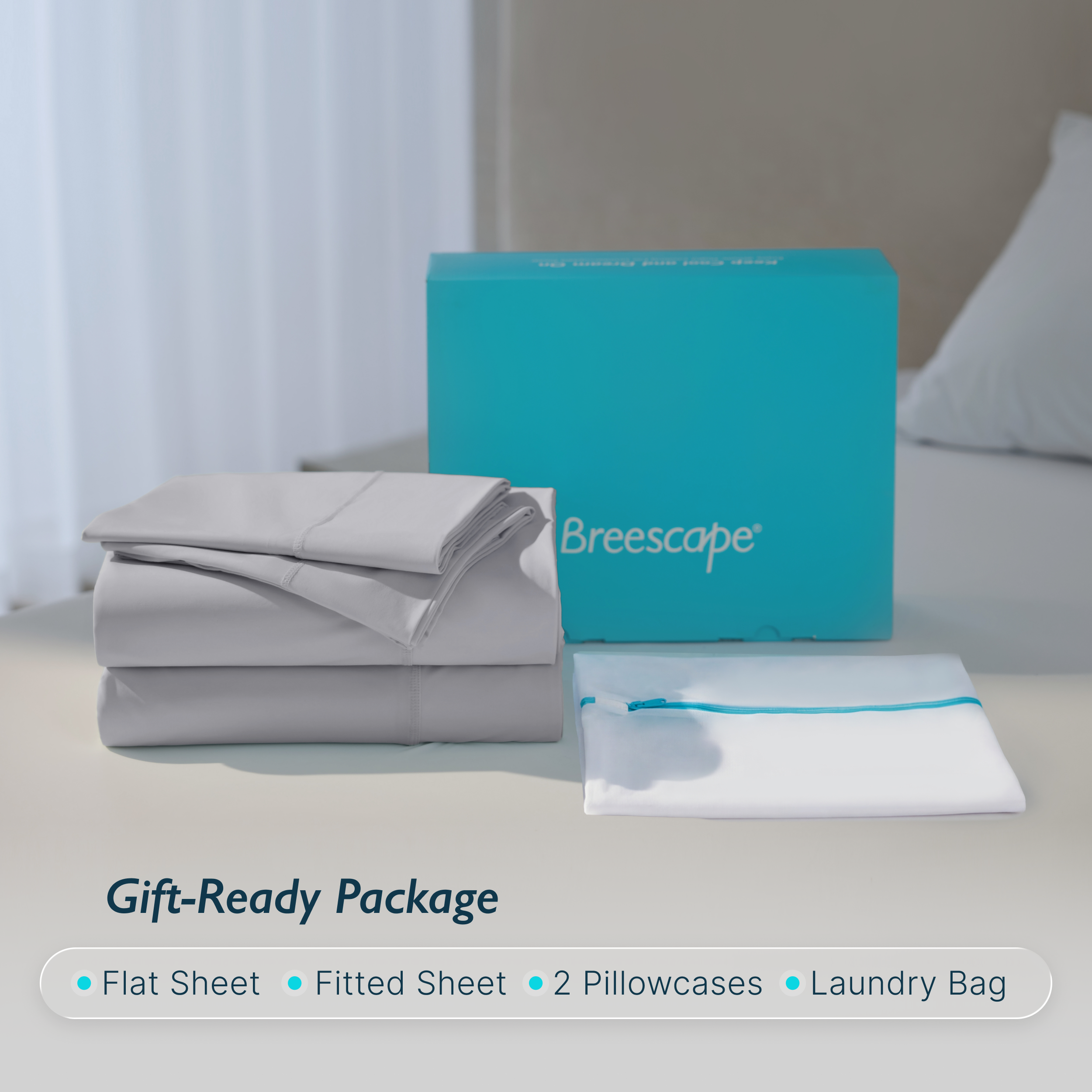 Breescape Misty Grey cooling sheets set for hot sleepers, gift package.