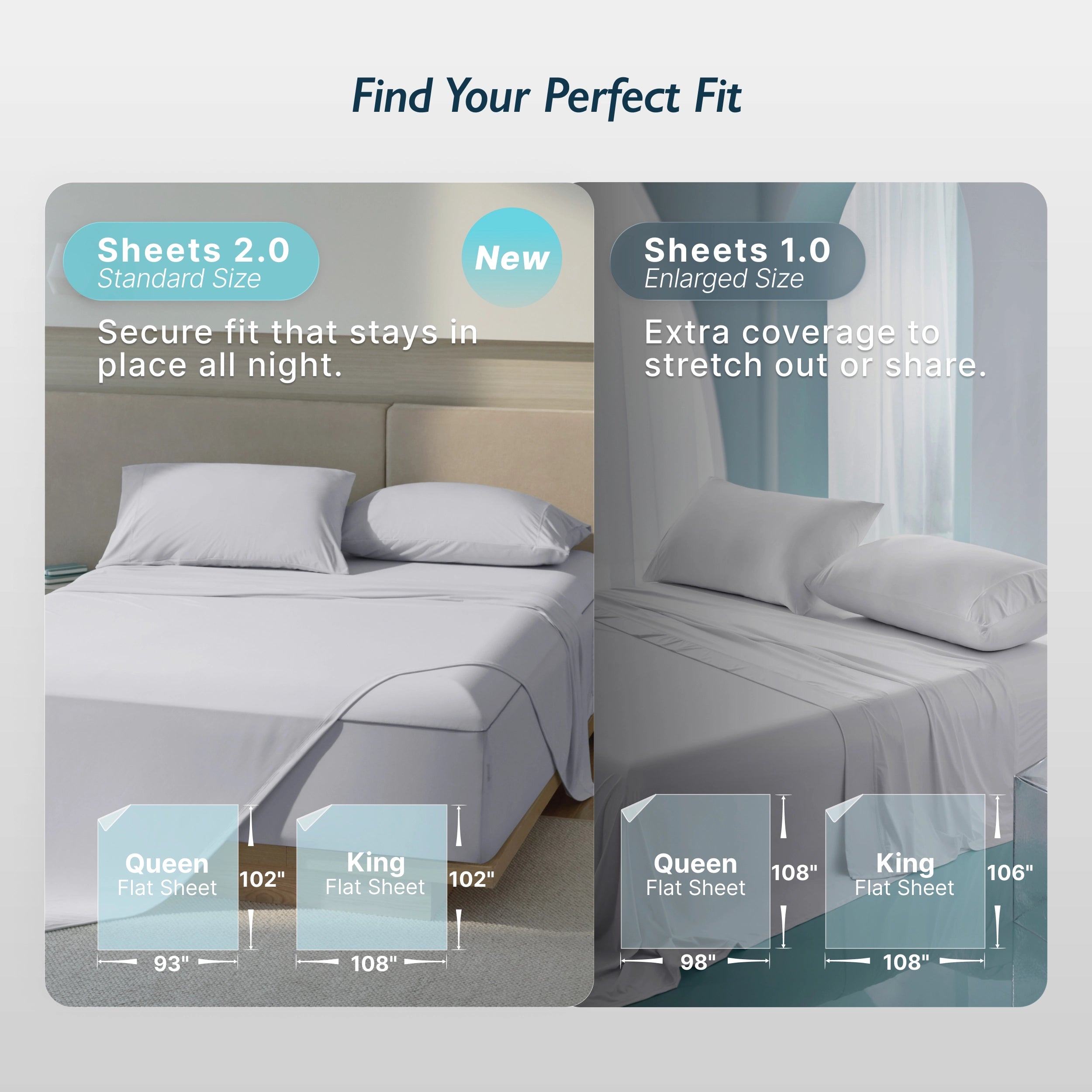 Breescape misty grey cooling sheets 2.0 standard secure fit vs 1.0 enlarged extra coverage