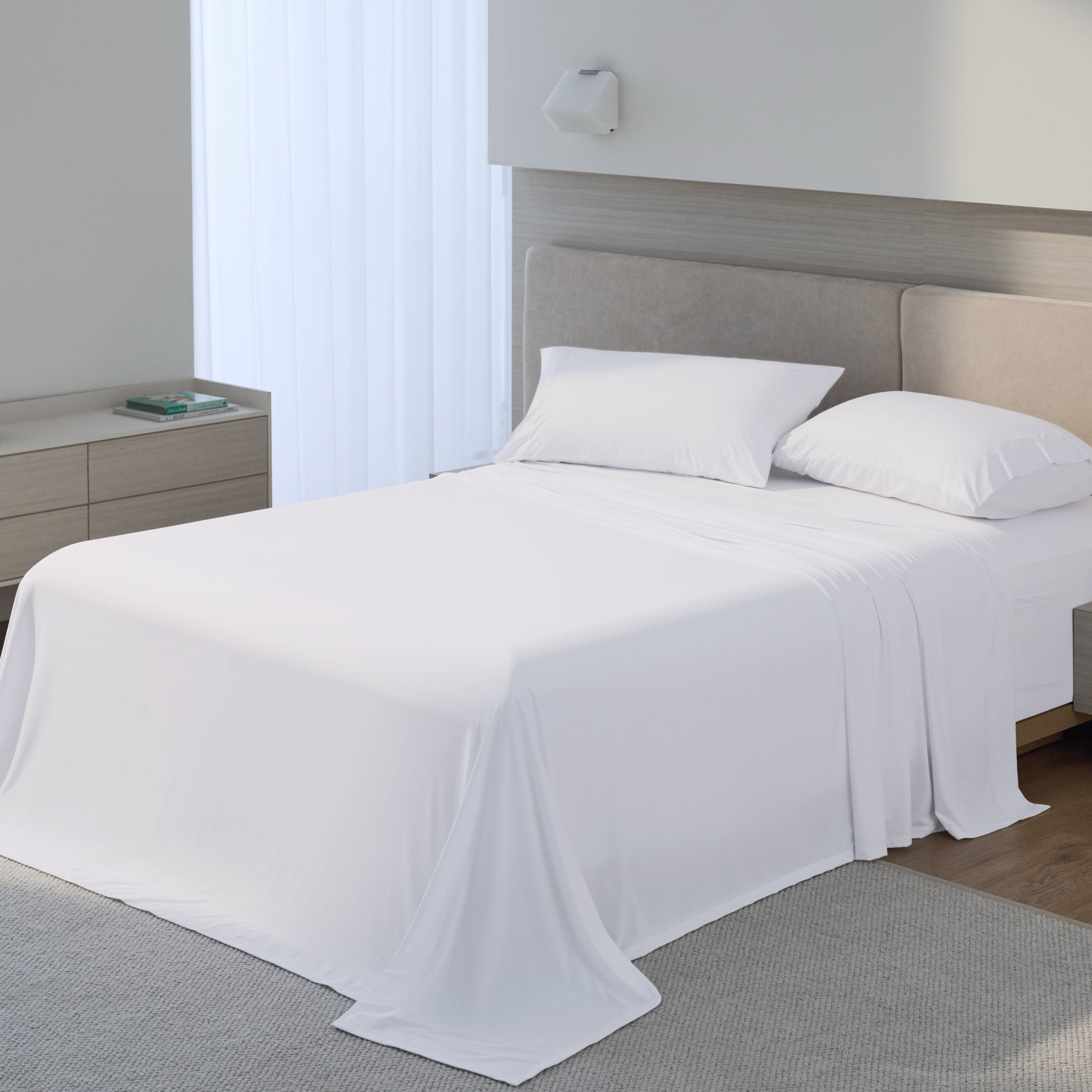 Breescape snow white cooling sheet set, breathable & moisture-wicking for hot sleepers.