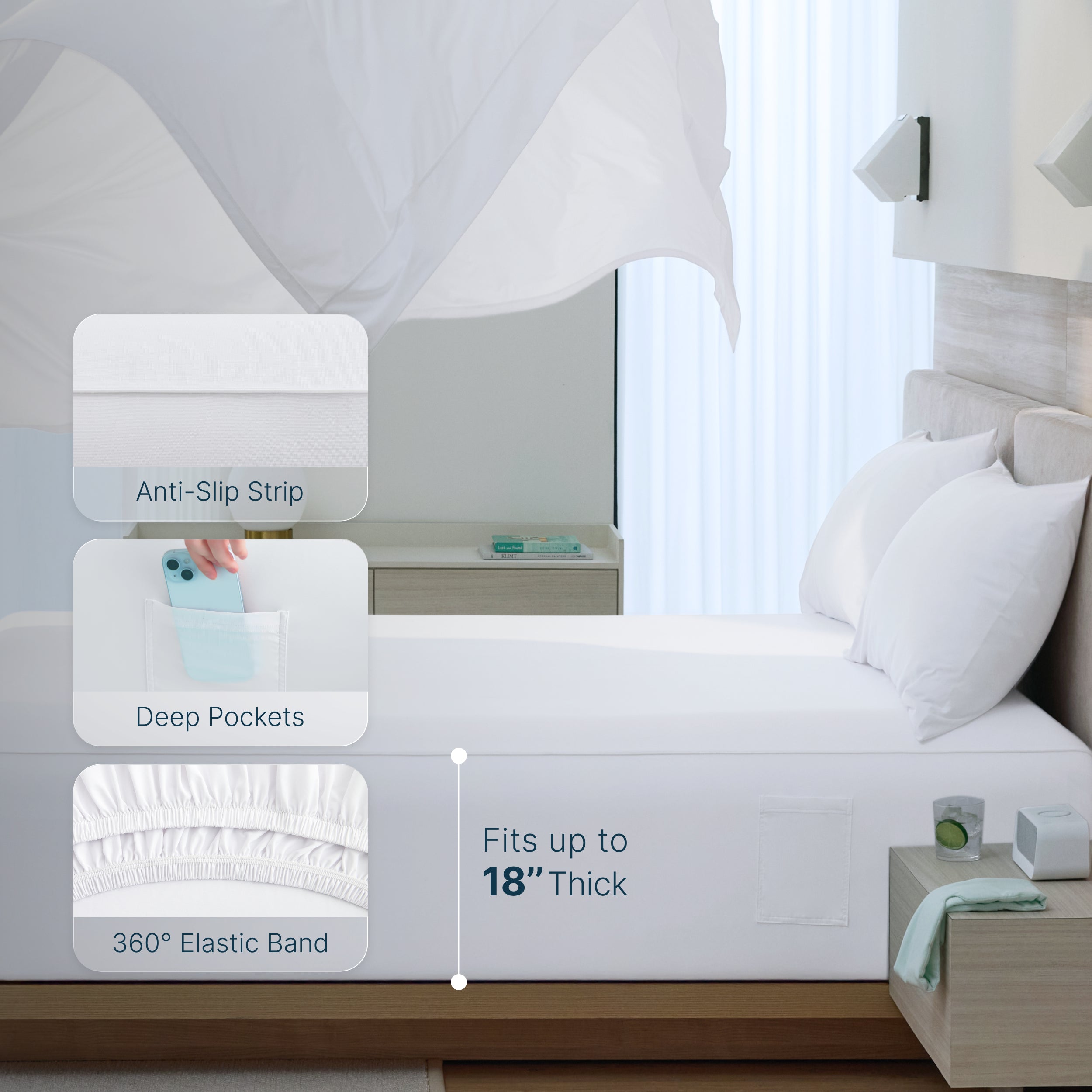 Breescape snow white cooling sheets for hot sleepers, anti-slip strip, deep pockets.