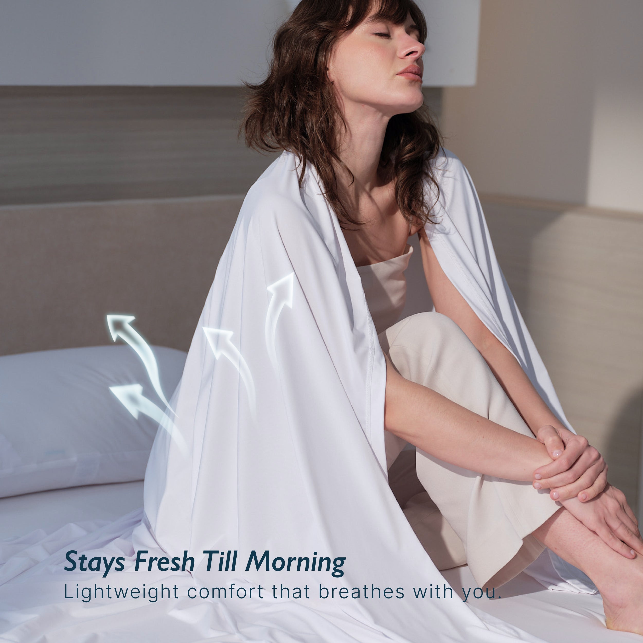 Breescape snow white cooling sheets with airflow graphics for hot sleepers. Stays fresh.