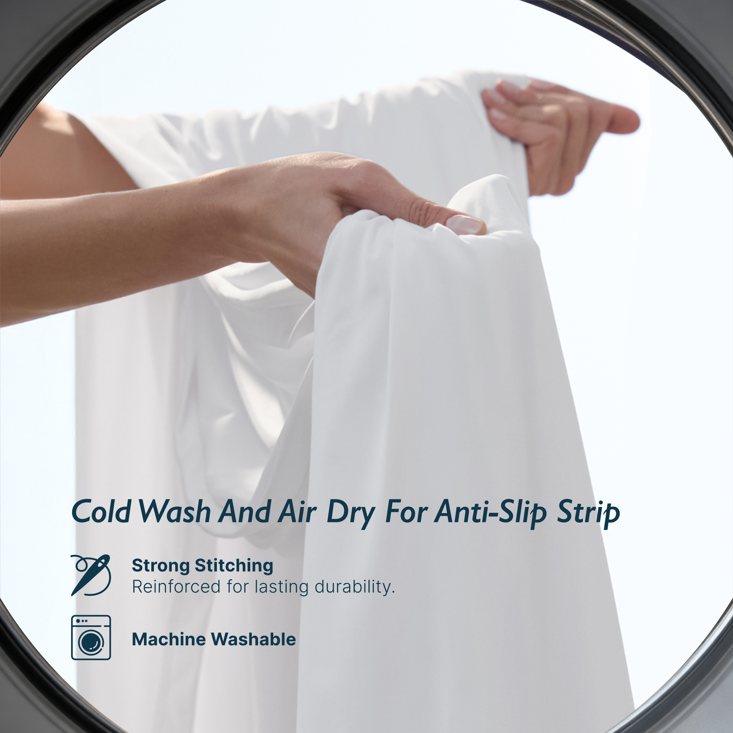 Snow white Breescape cooling sheets: Anti-slip strip care, strong stitching, machine washable.