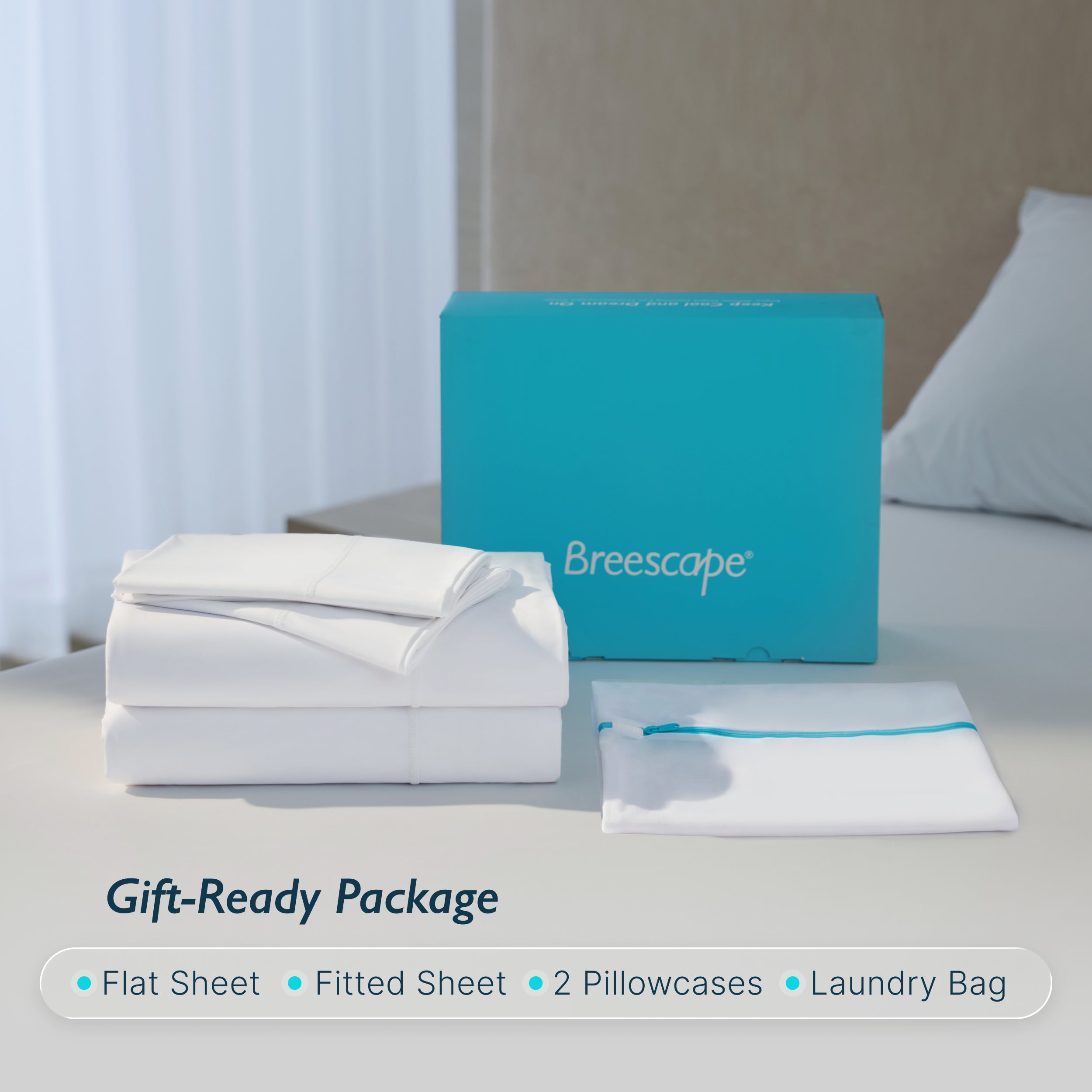 Breescape snow white cooling sheets for hot sleepers, gift box with laundry bag.