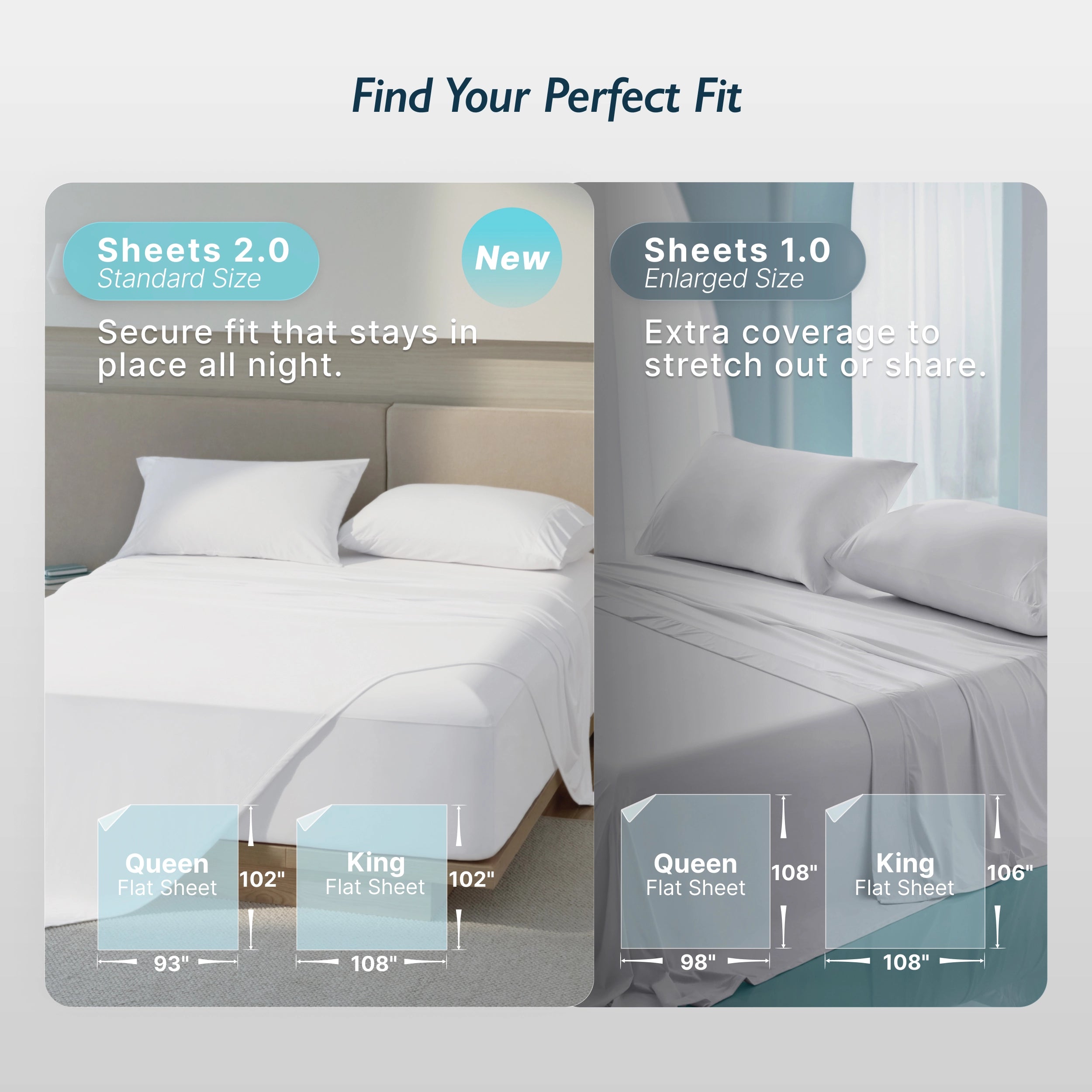 Breescape Cooling Sheets 2.0: Snow white standard fit vs enlarged coverage. For hot sleepers. (95 characters)