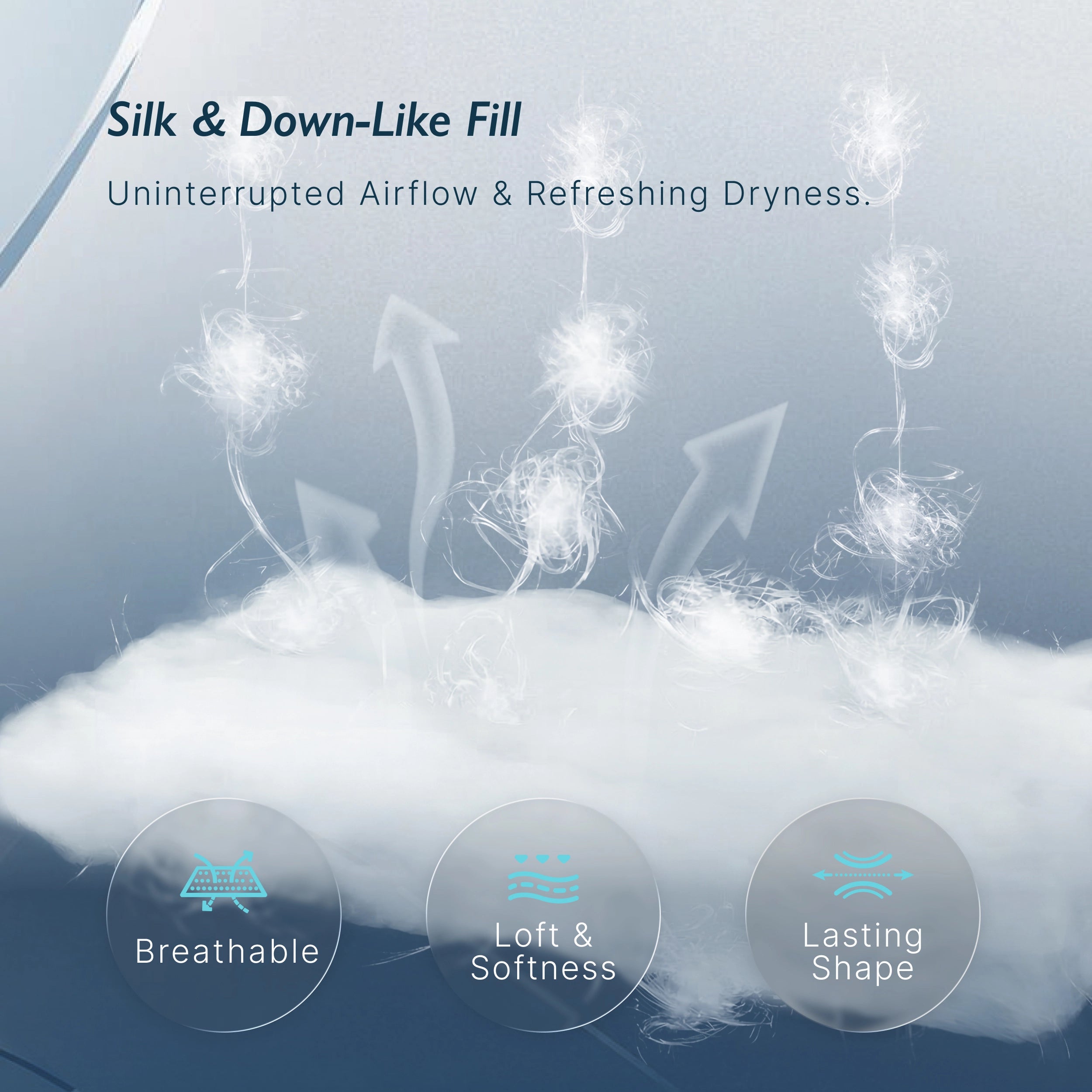 Breescape Misty Grey cooling comforter fill: silk/down-like texture, airflow, breathable, soft, lasting shape.