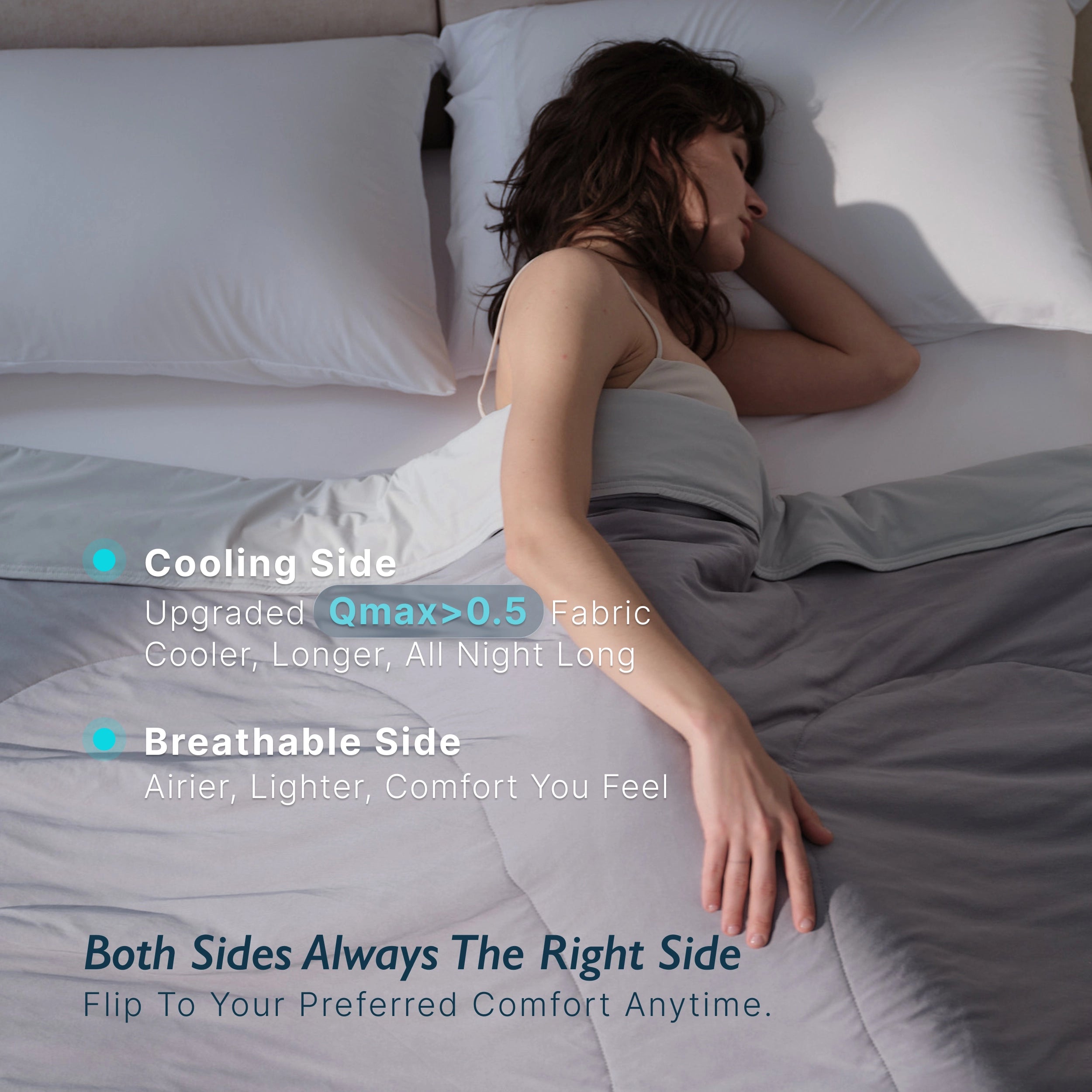 Breescape misty grey cooling comforter, Qmax>0.5, breathable, for hot sleepers.