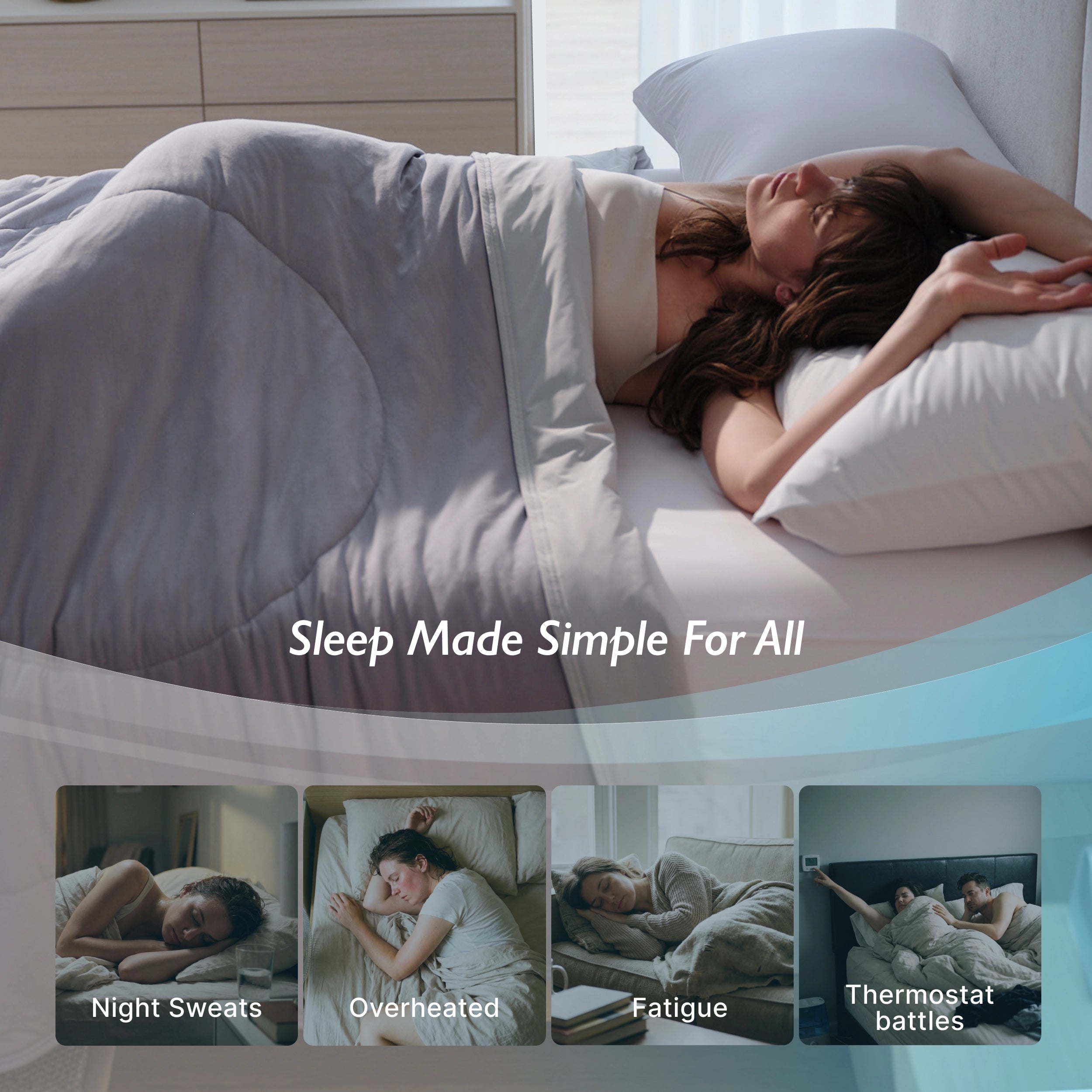 Breescape misty grey cooling comforter: relief for hot sleepers, night sweats, and menopause.