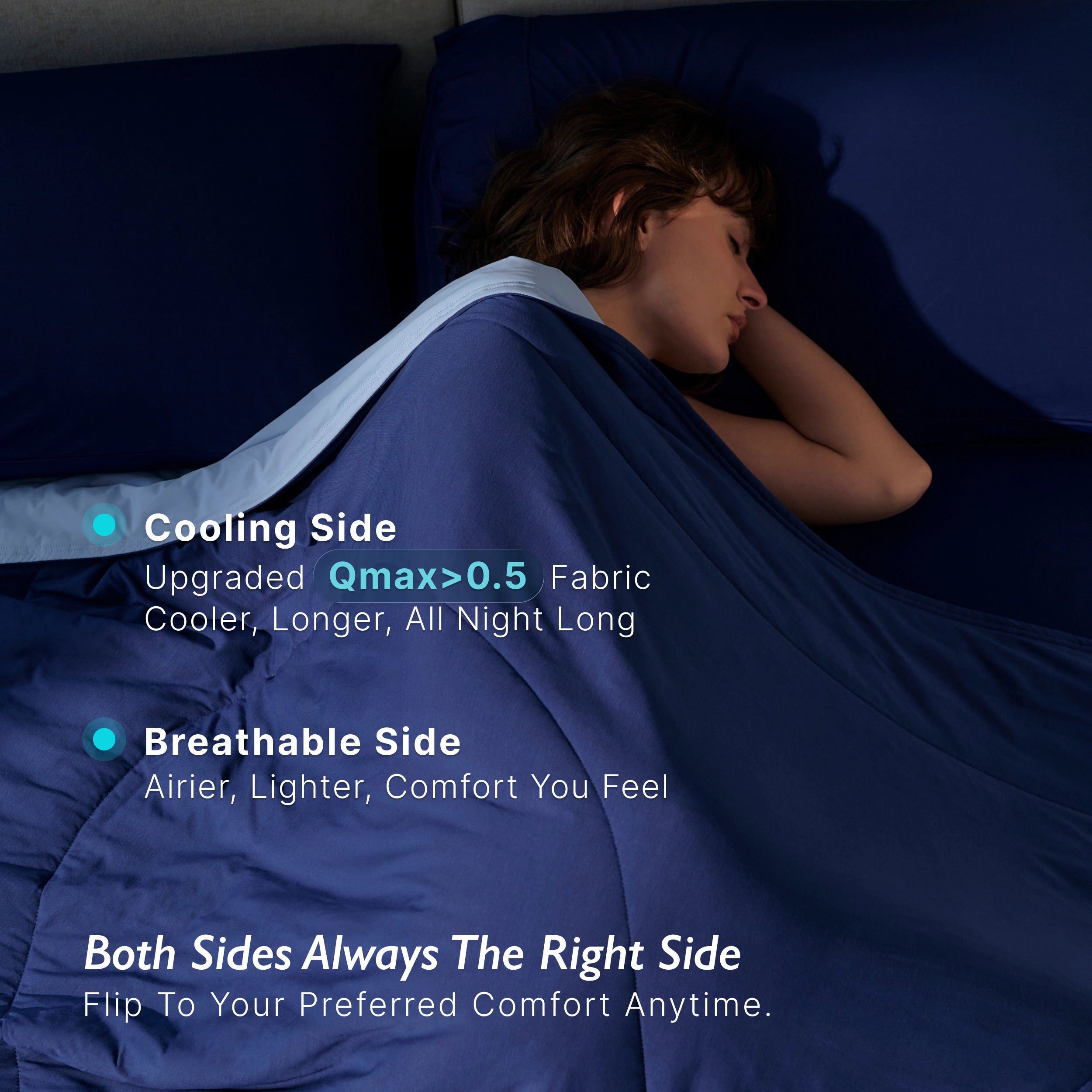Breescape cooling comforter in twilight blue. Features cooling & breathable sides, Qmax > 0.5 for hot sleepers.