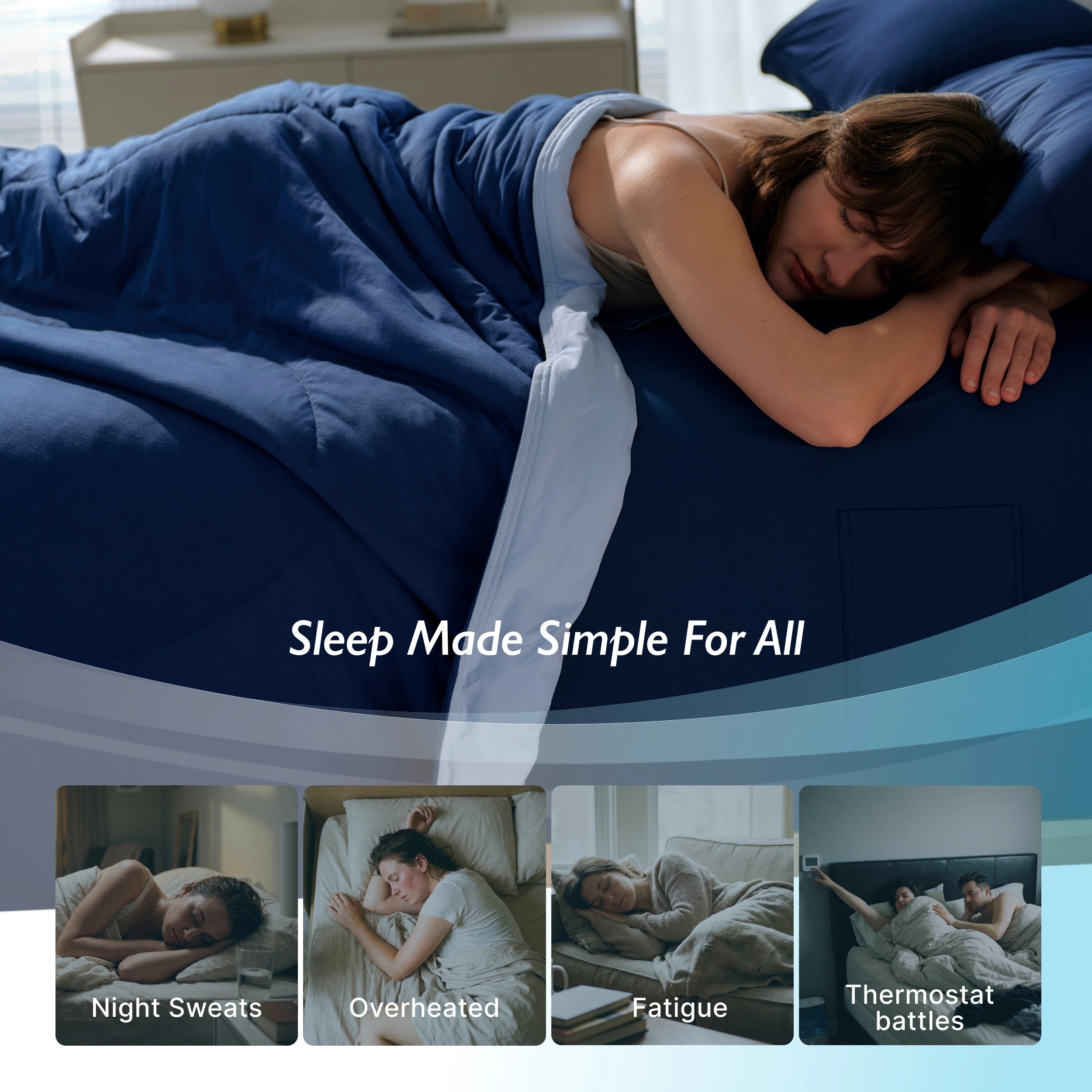 Breescape twilight blue cooling comforter aids hot sleepers; image illustrates night sweats, overheating, fatigue, thermostat battles.