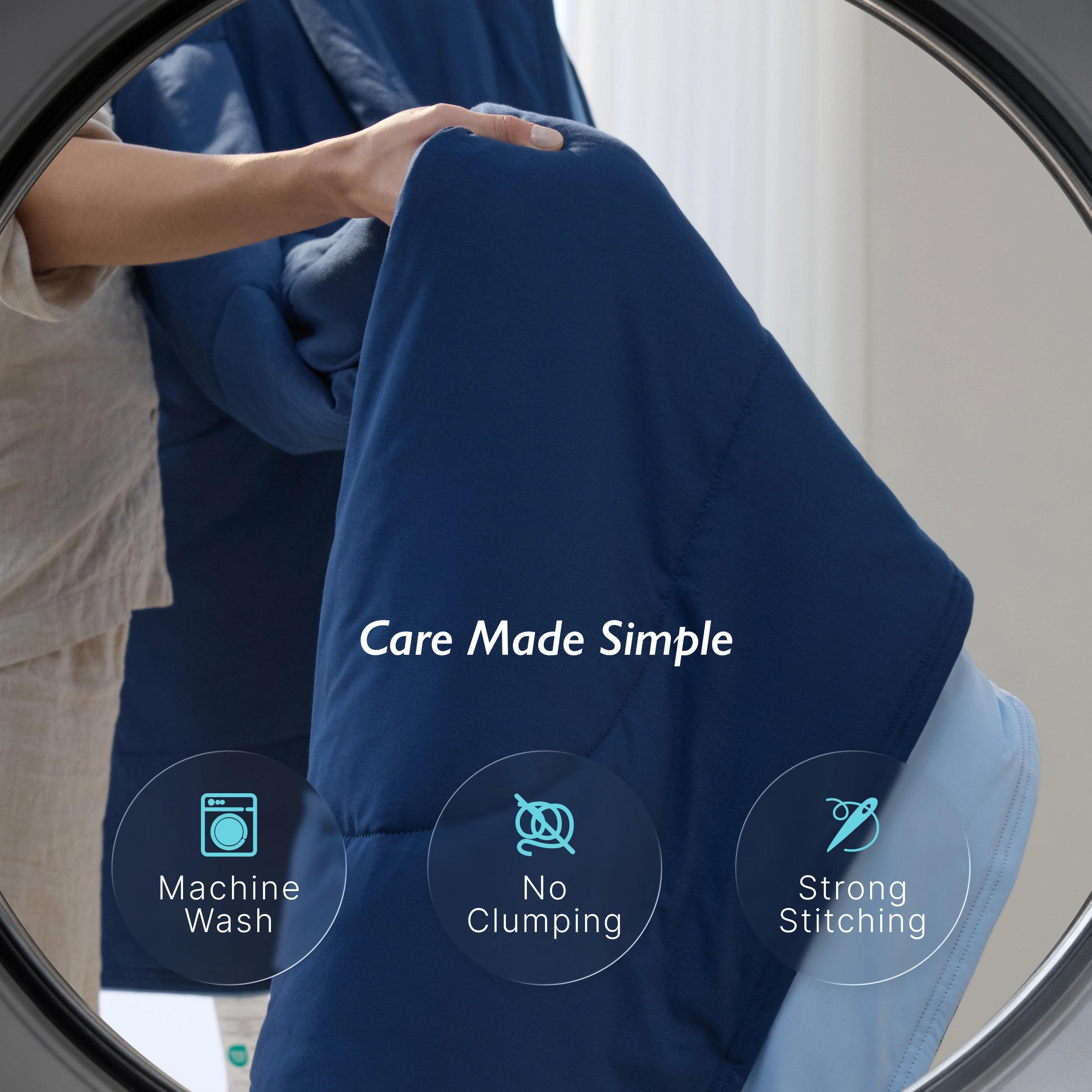 Twilight blue Breescape cooling comforter with text: "Care Made Simple", "Machine Wash", "No Clumping", "Strong Stitching".
