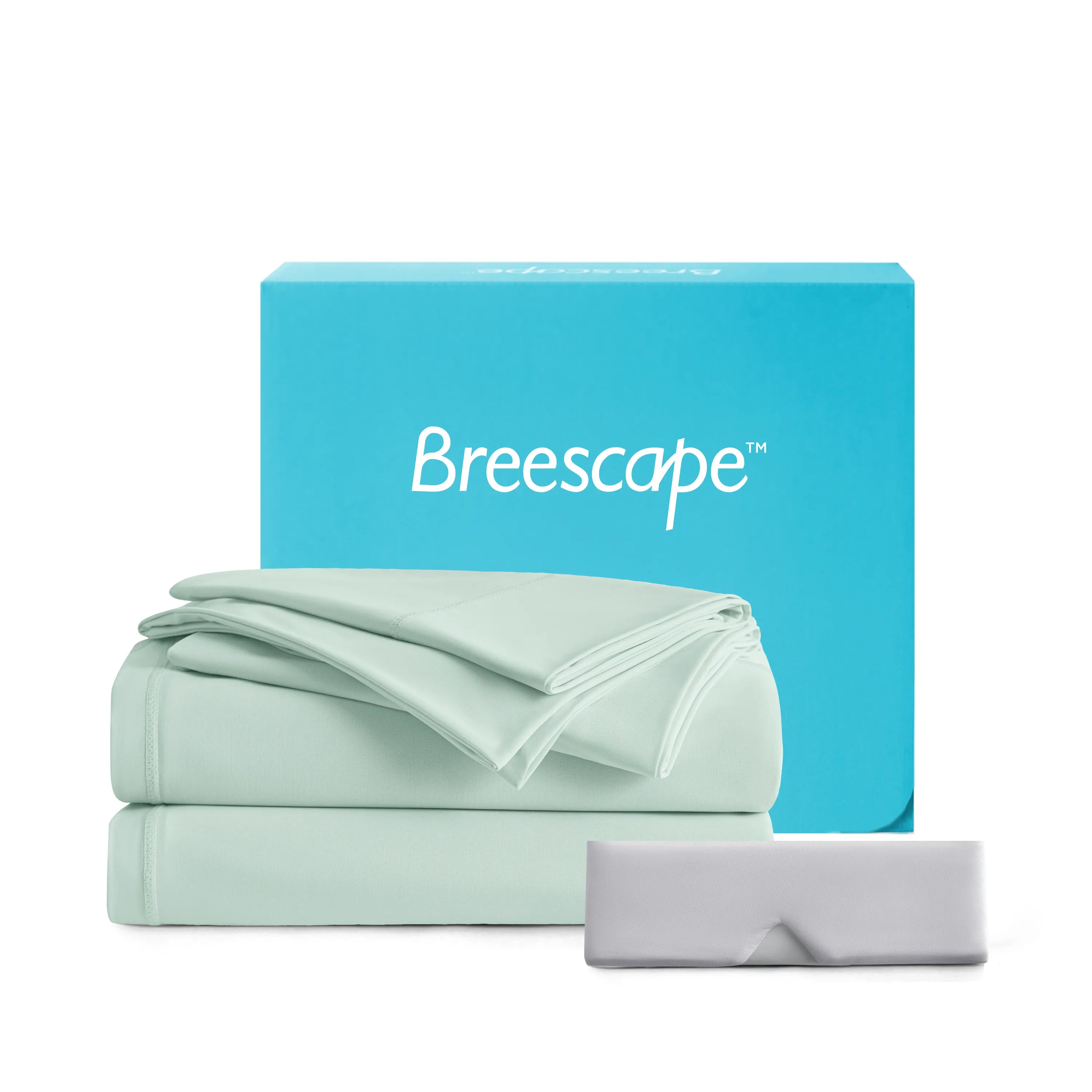 Mint green bedding set with a blue Breescape box on a white background
