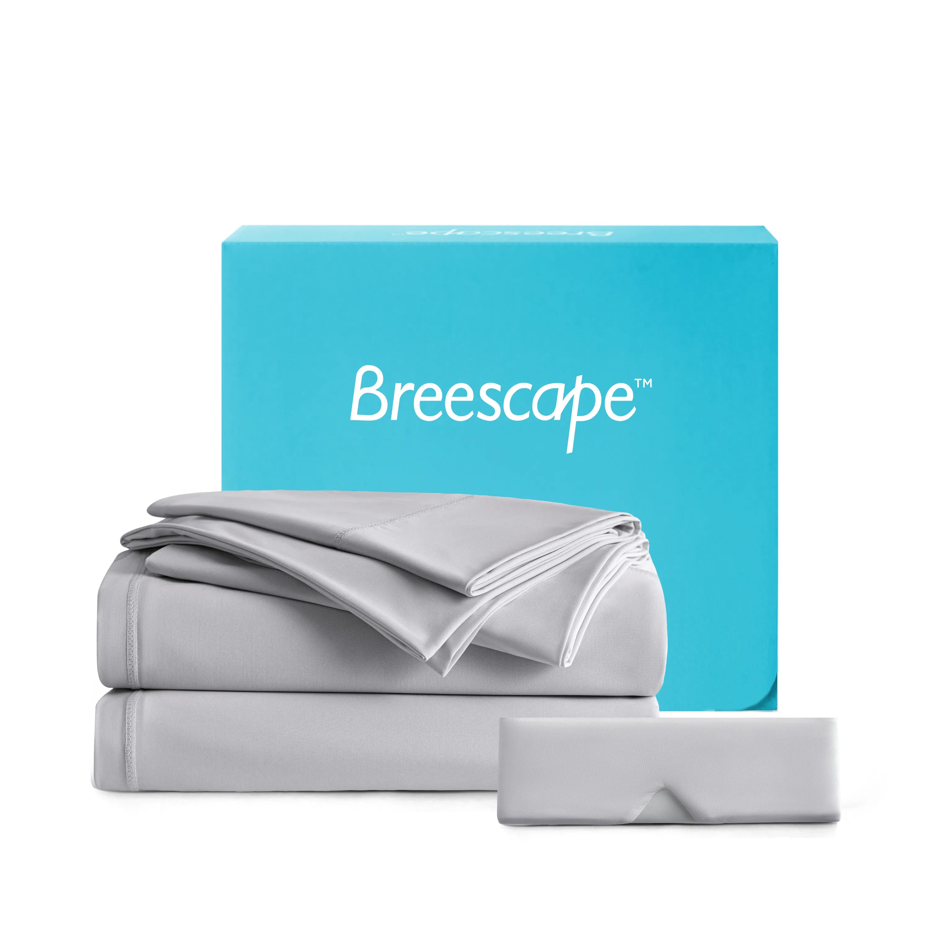 Gray bedding set with a blue Breescape box on a white background