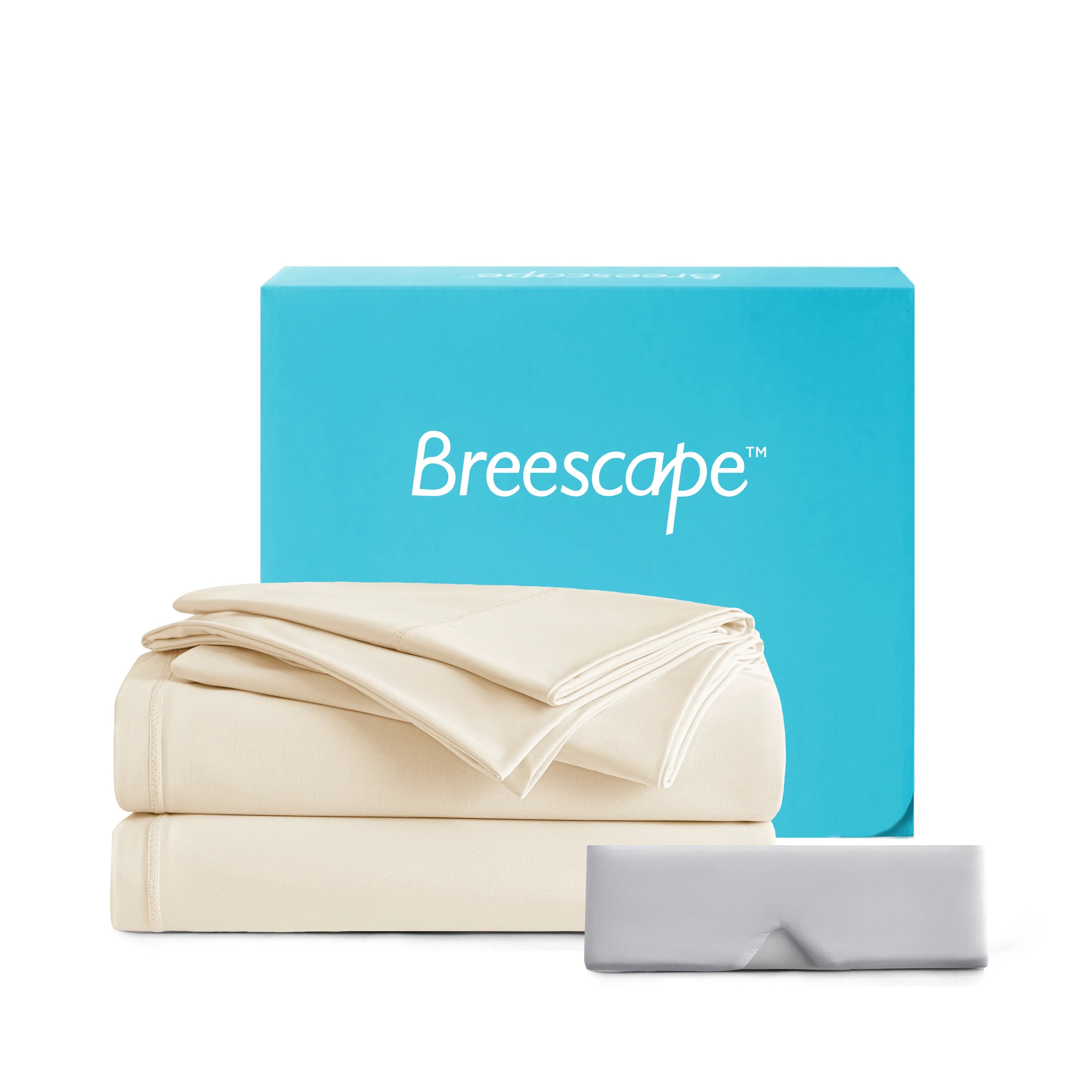 Breescape bedding set with folded sheets and a blue box on a white background