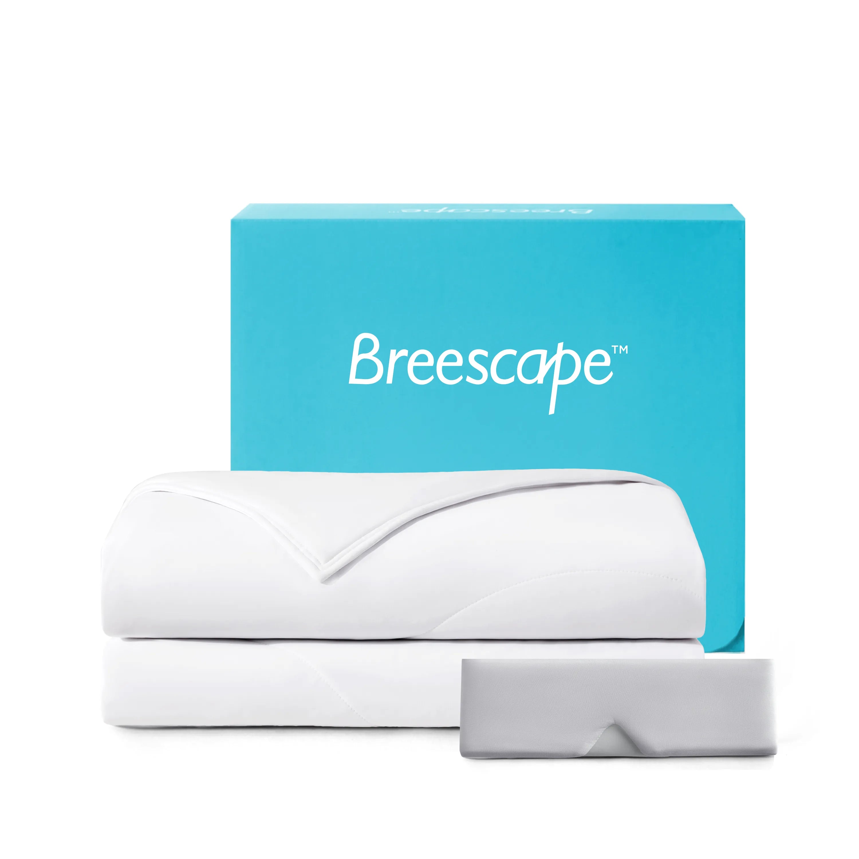 Breescape product packaging with a blue box and white mattress on a white background