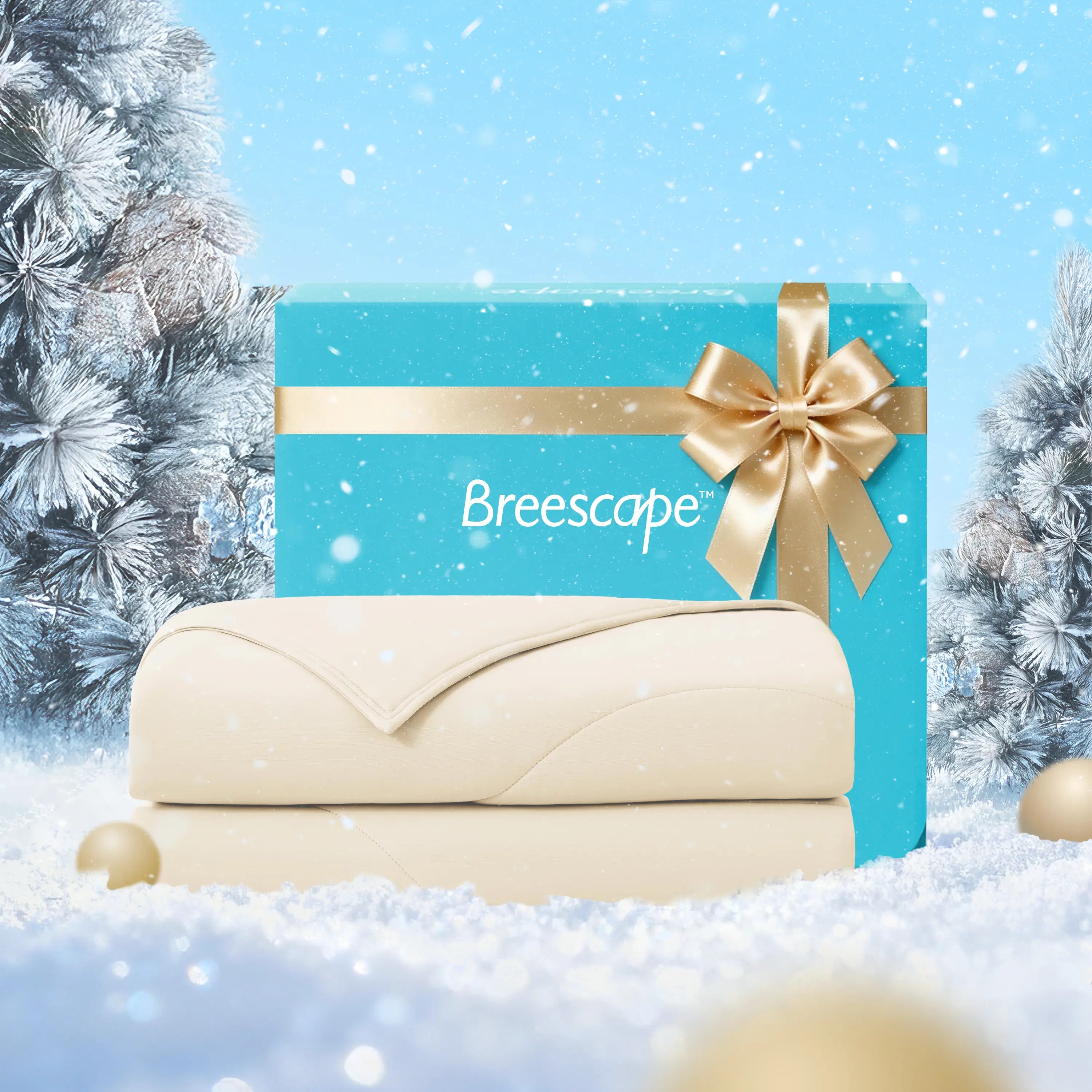 Blue gift box with a gold ribbon and 'Breescape' branding, set against a snowy background.