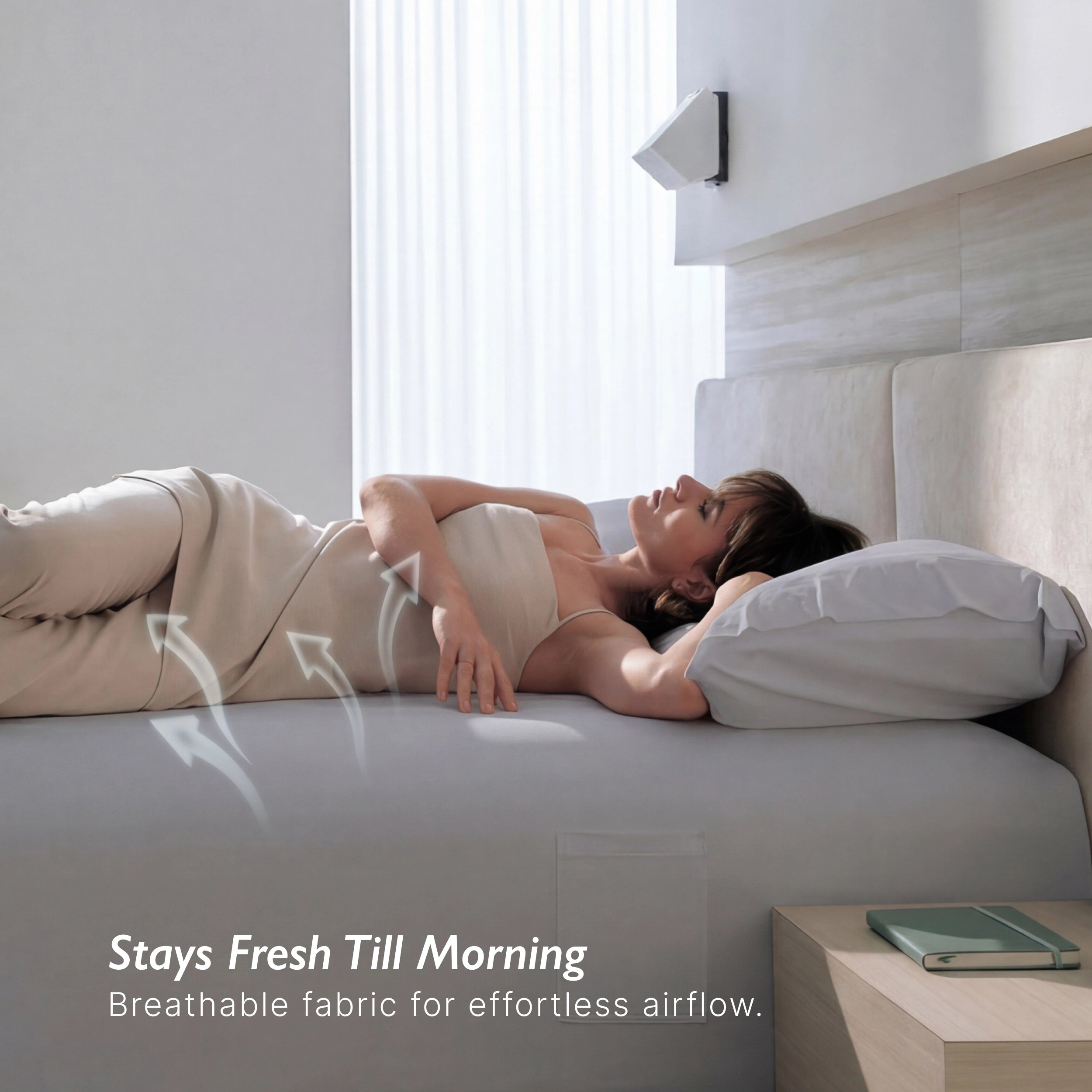 Breescape misty grey cooling fitted sheet stays fresh with breathable fabric for hot sleepers.
