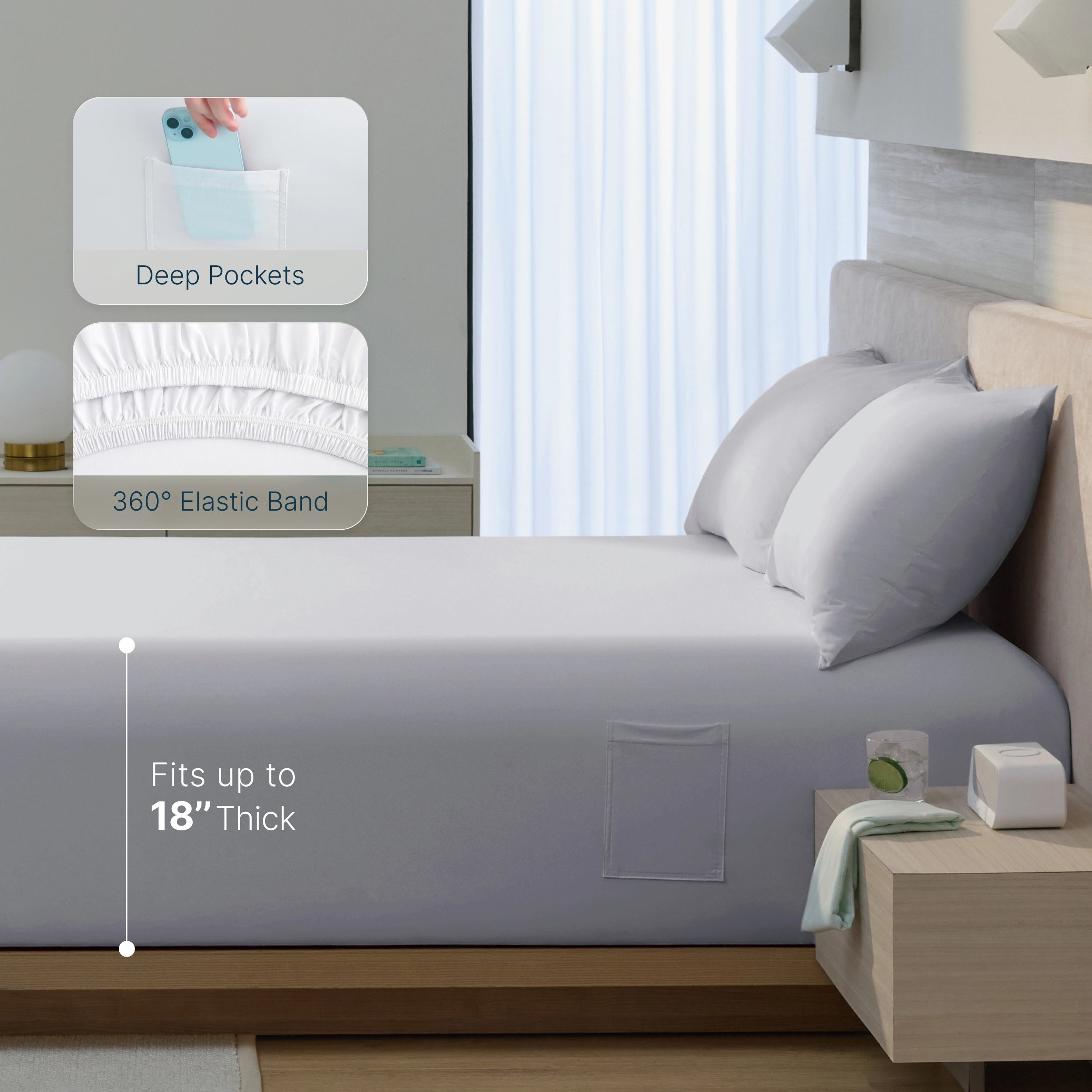 Breescape misty grey cooling fitted sheet: deep pockets, 360° elastic, fits 18" mattresses.
