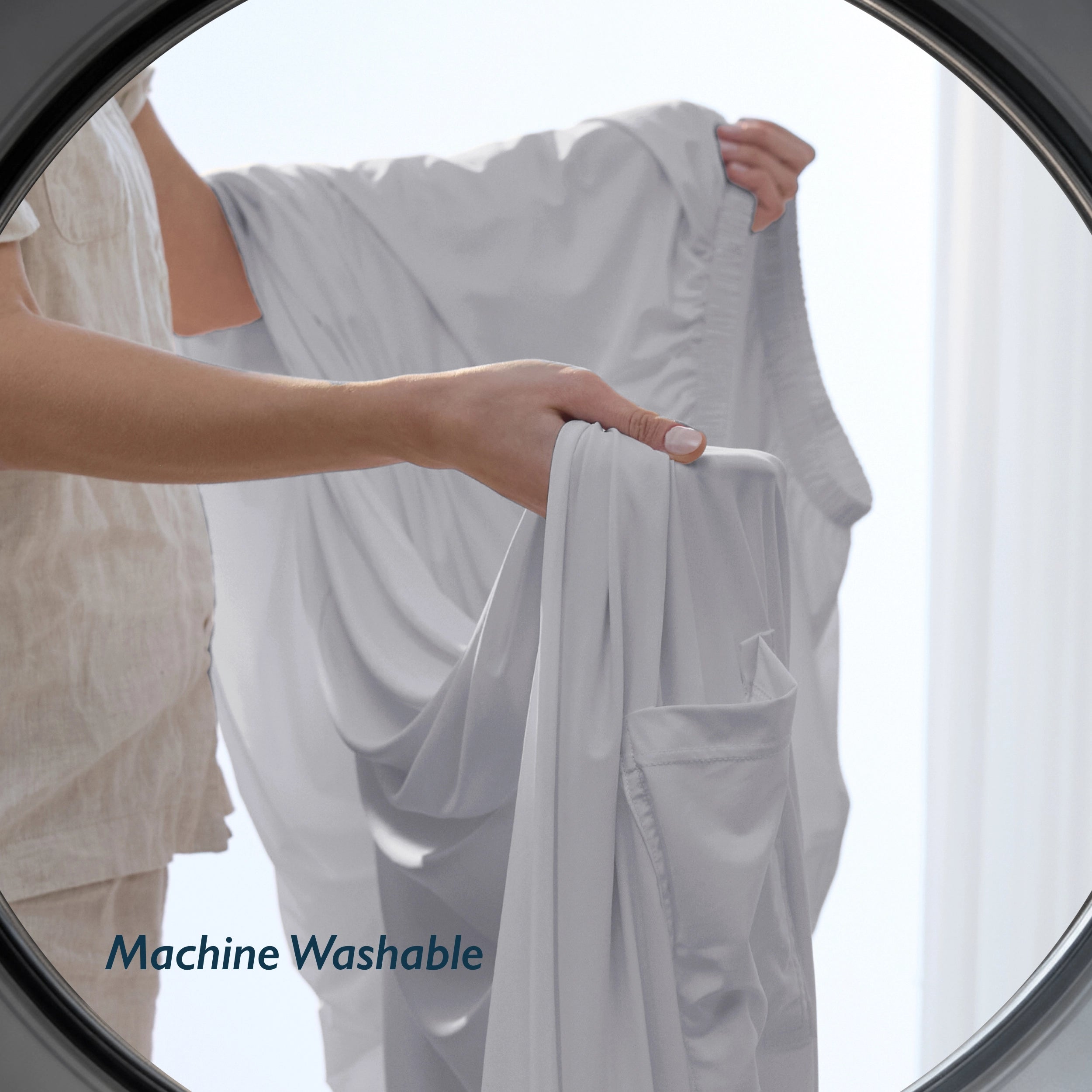 Breescape cooling fitted sheet in misty grey, featuring "Machine Washable" text.