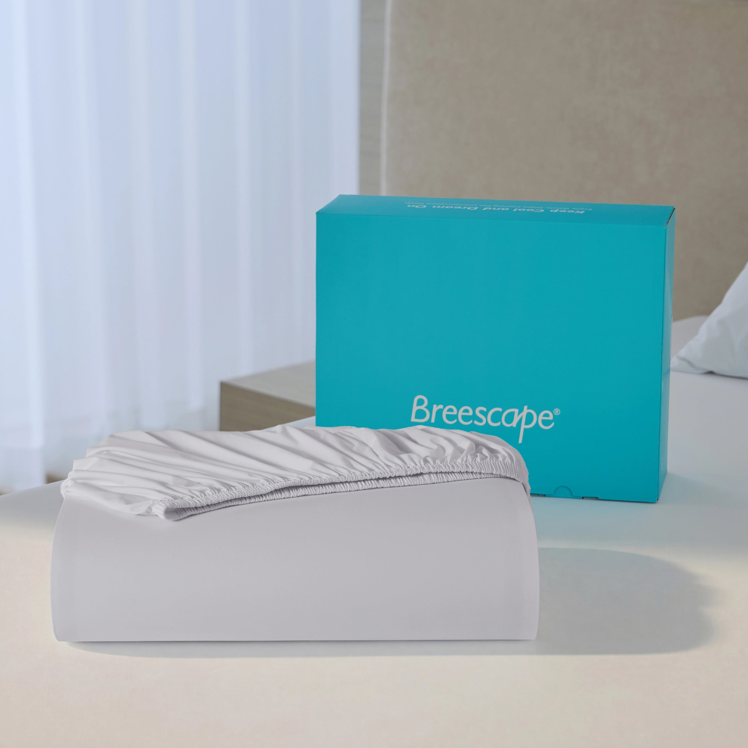 Misty grey Breescape cooling fitted sheet for hot sleepers, teal box.