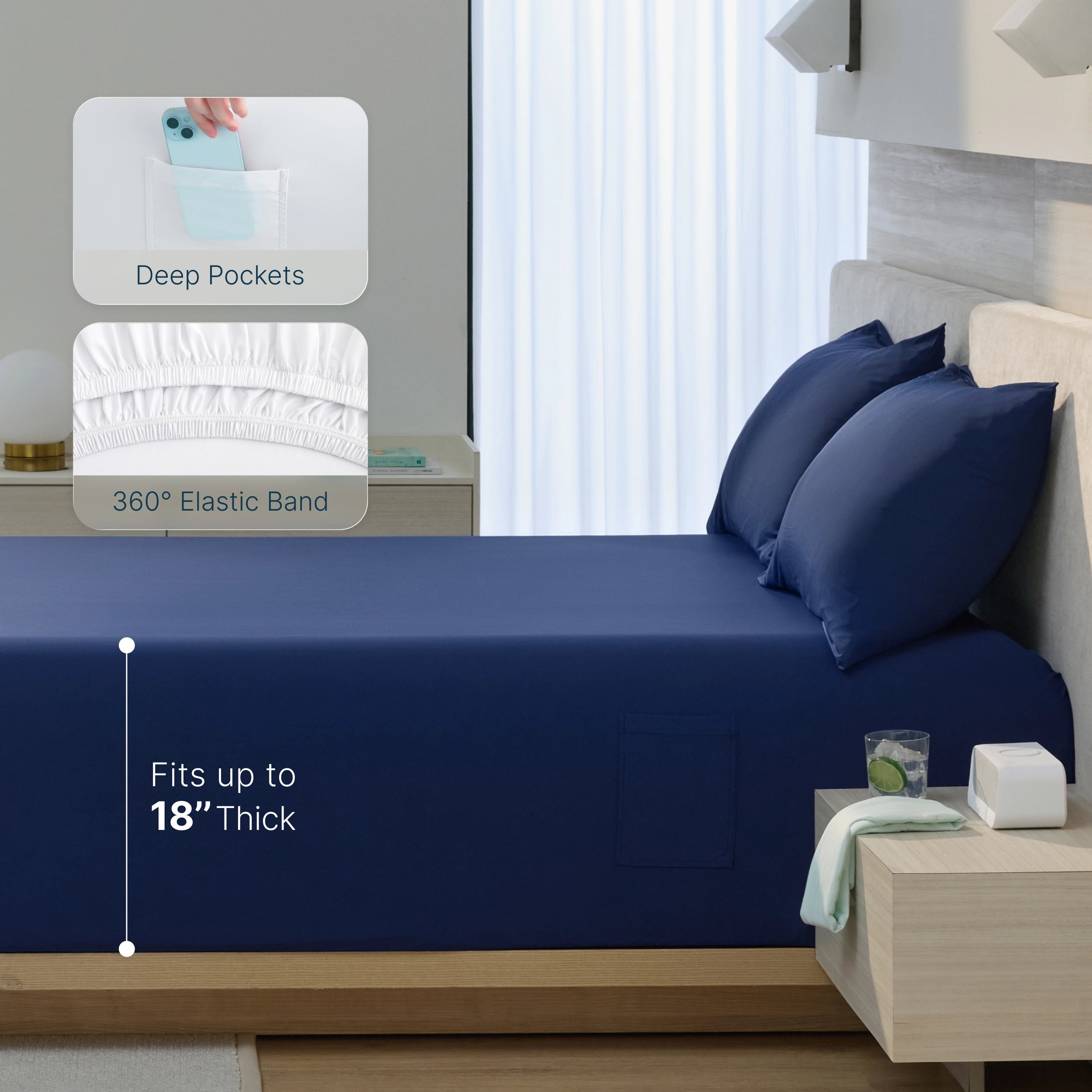 Breescape twilight blue cooling fitted sheet with deep pockets, 360° elastic, fits 18" thick mattresses.
