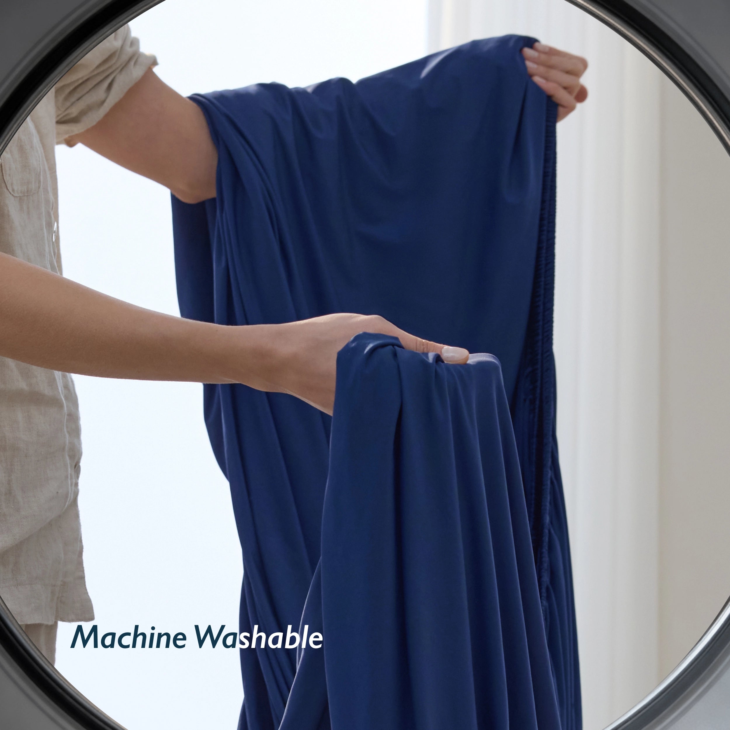Breescape cooling fitted sheet in twilight blue, 'Machine Washable' feature for hot sleepers.