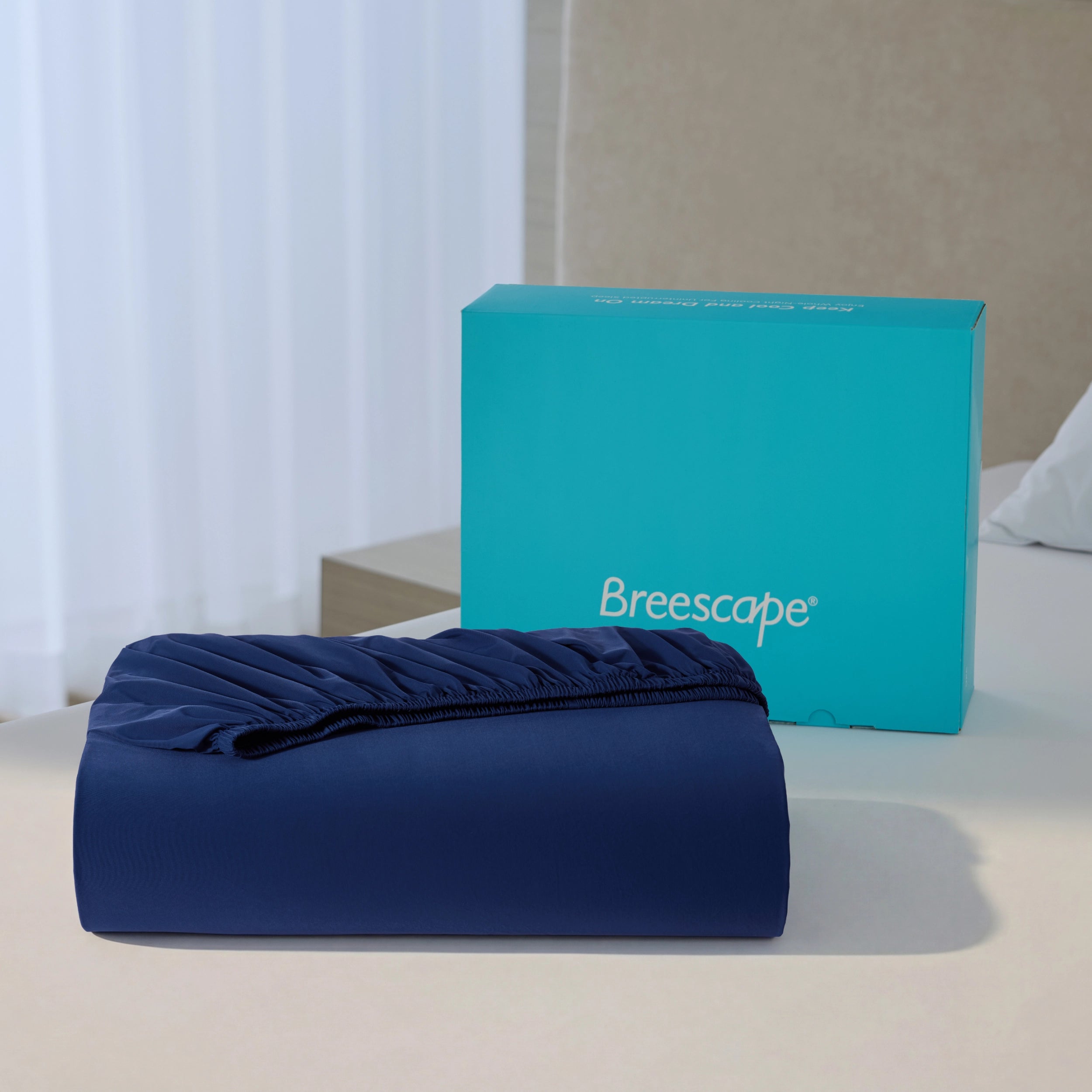 Breescape twilight blue cooling fitted sheet, breathable & moisture-wicking for hot sleepers.