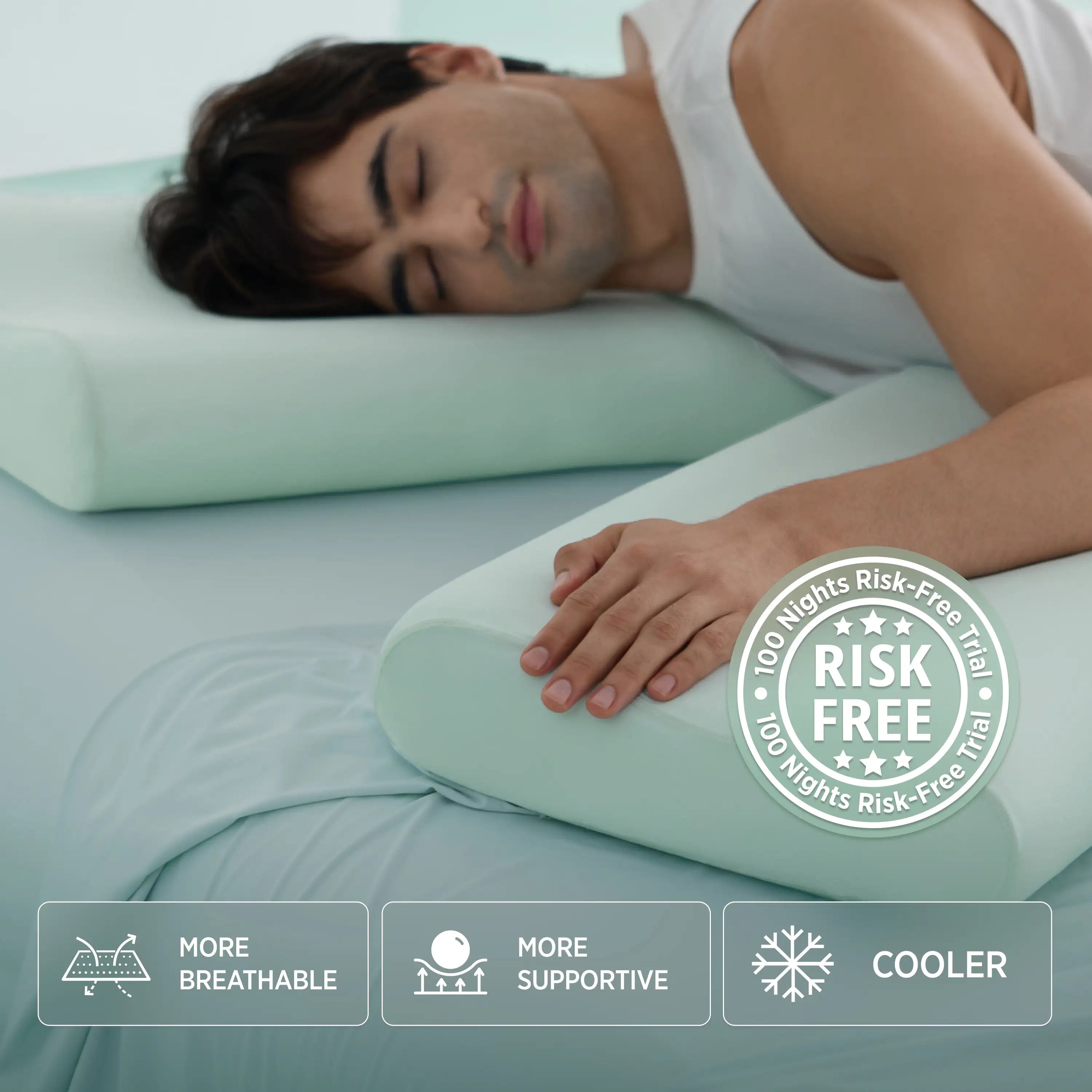 Person lying on a green pillow with a 'Risk Free' guarantee badge and product benefits displayed. #color_mint-green