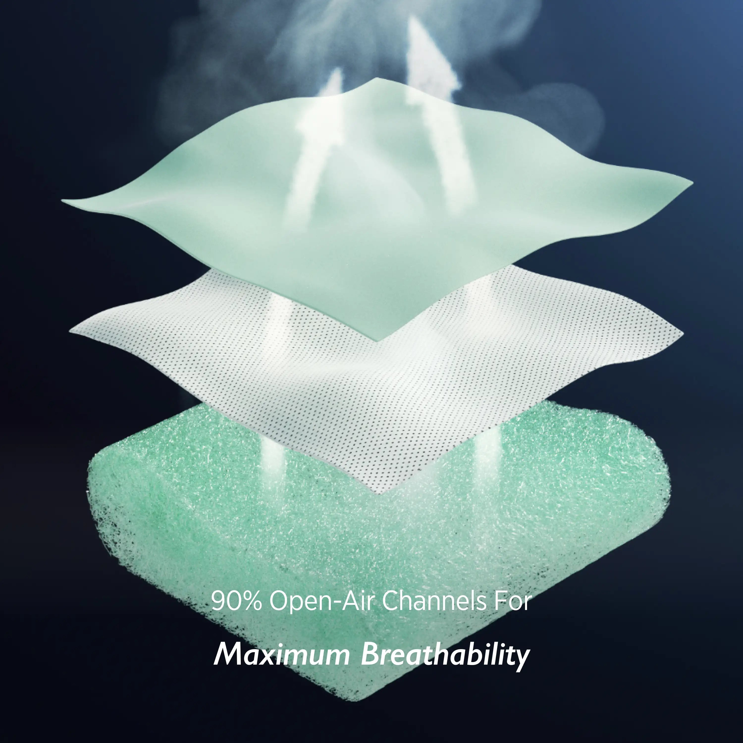 Mint green Breescape AiryWeave pillow cross-section, showcasing 90% open-air channels for superior breathability and cooling.