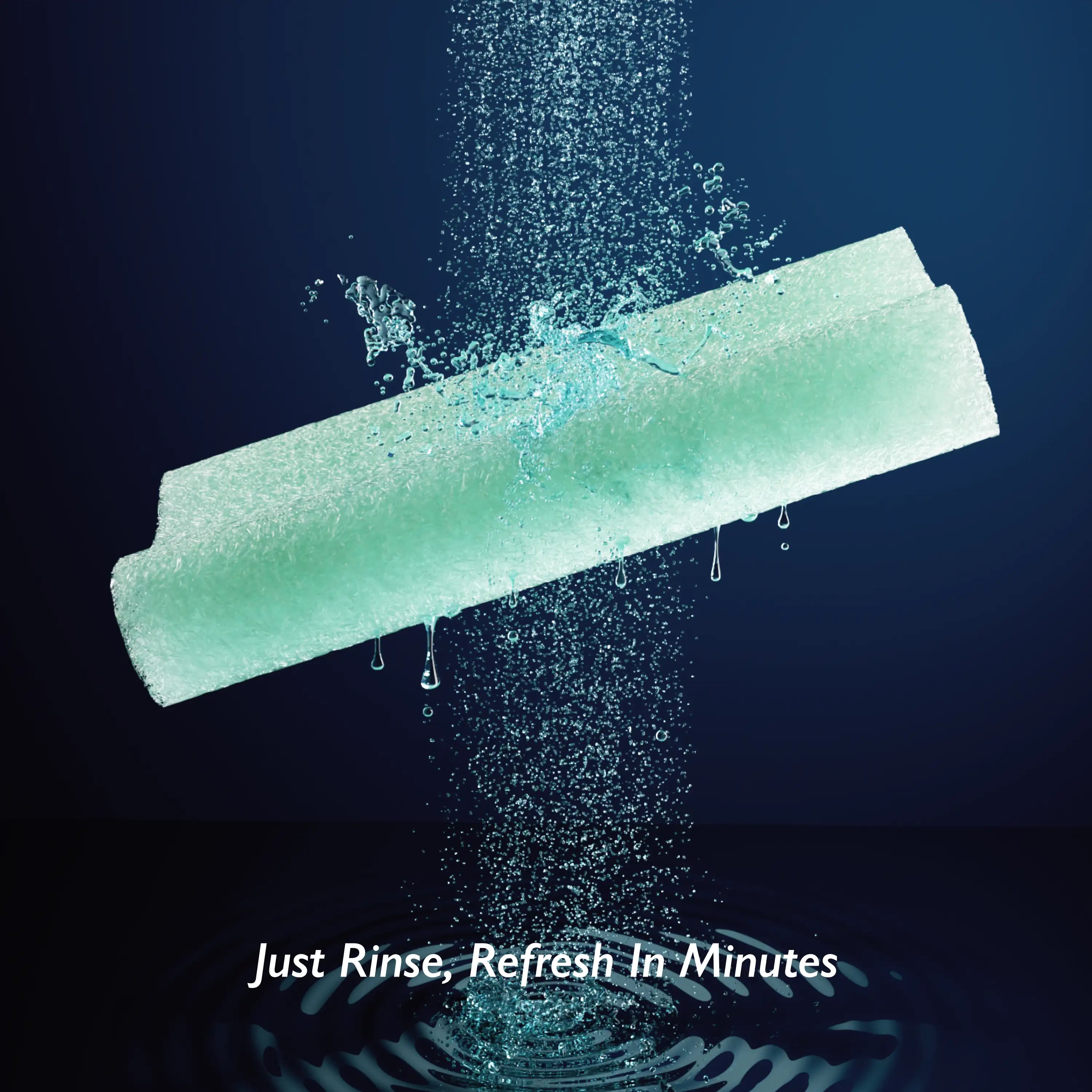 Green cleaning pad with water droplets on a dark background, text 'Just Rinse, Refresh In Minutes' below. #color_mint-green