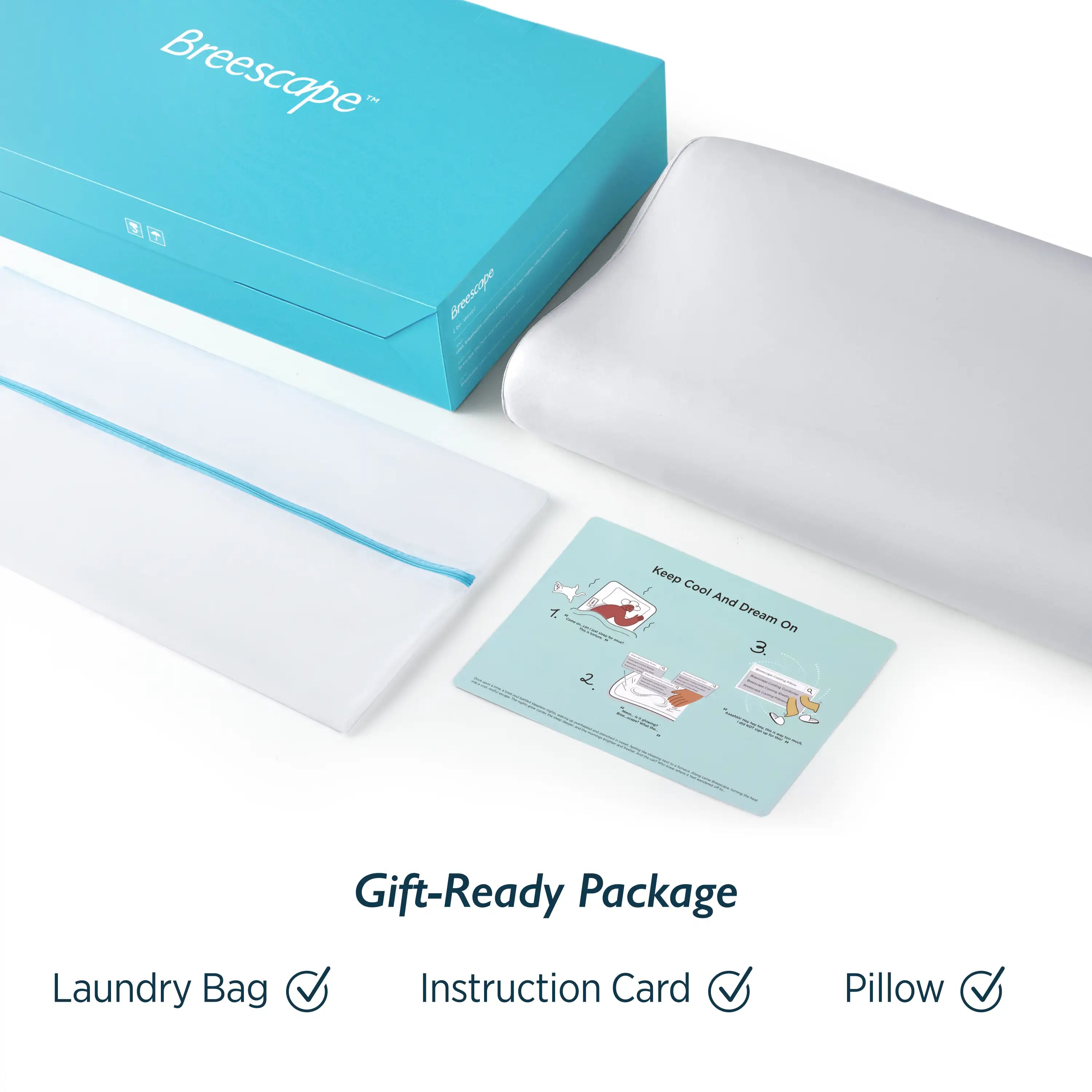 Breescape Misty Grey AiryWeave cooling pillow, gift package with laundry bag and instruction card for hot sleepers.