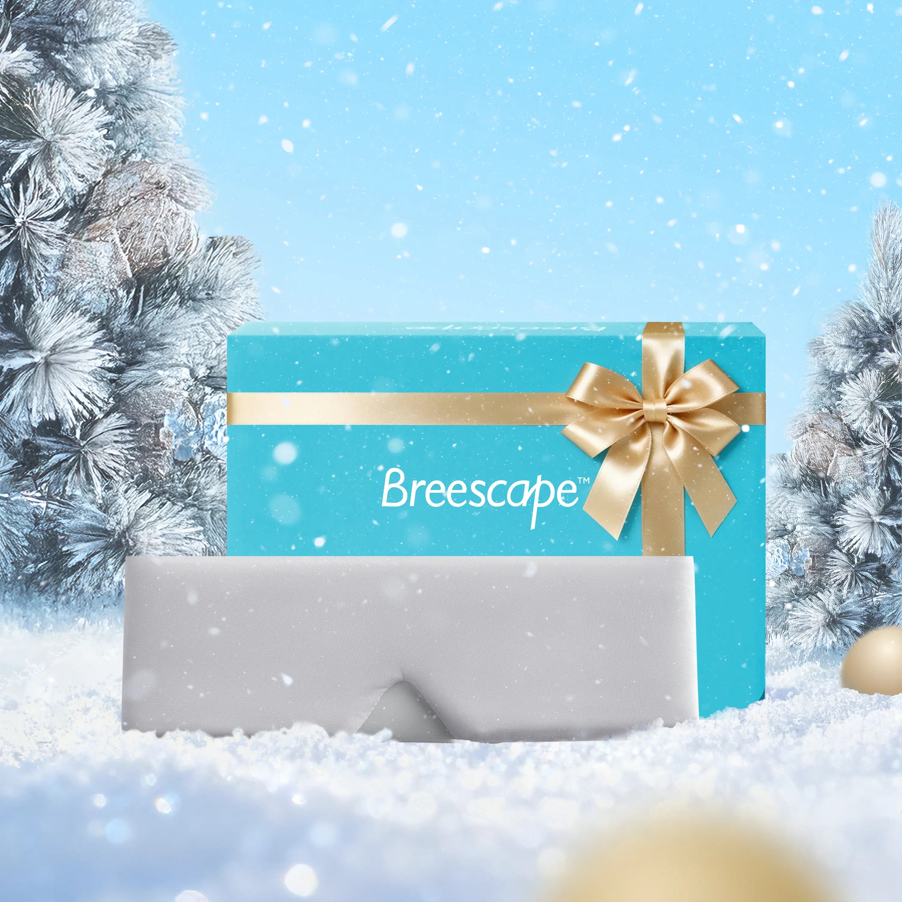 Blue gift box with gold ribbon and 'Breescape' branding on a snowy background