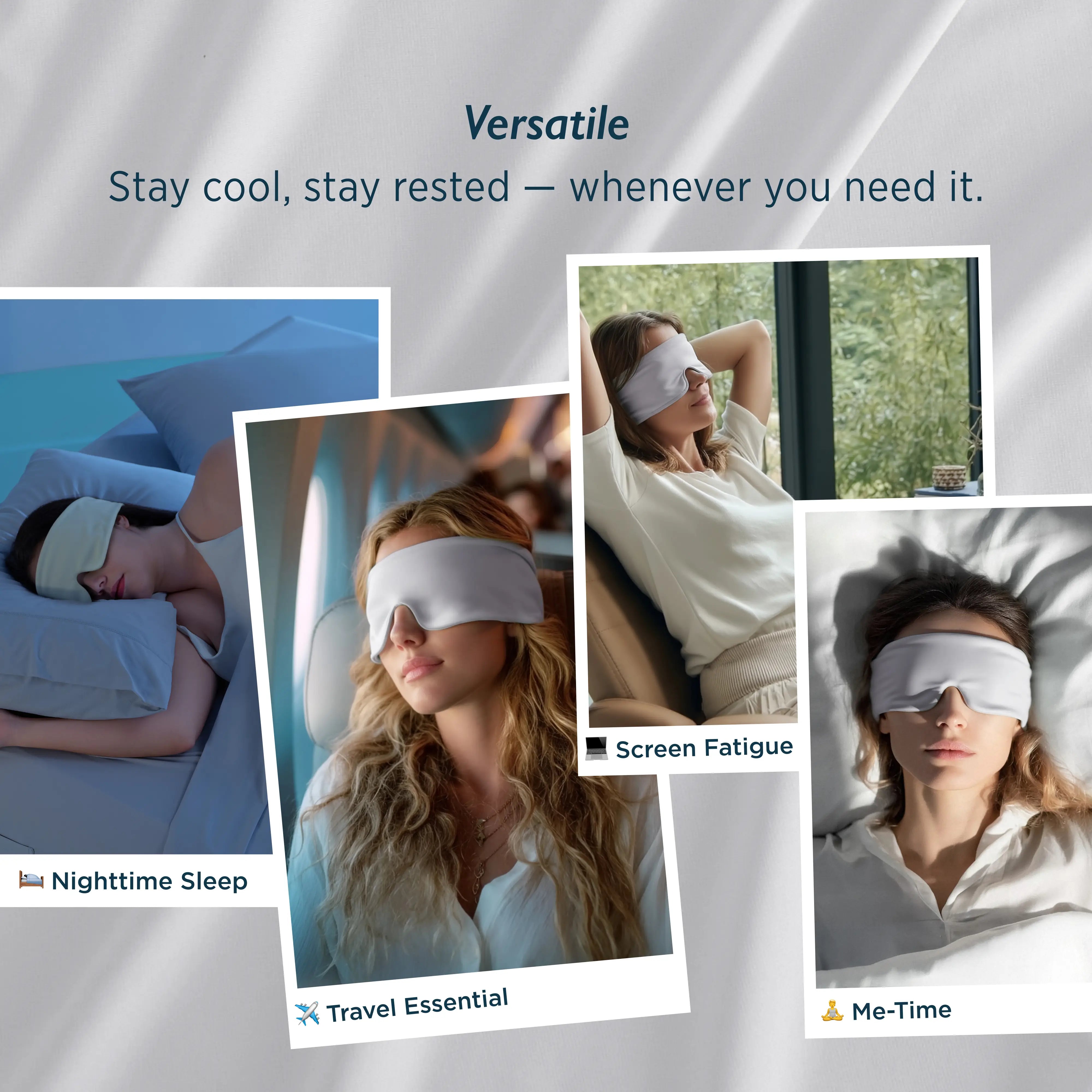 Breescape cooling eye mask used for nighttime sleep, travel, and screen fatigue relief.