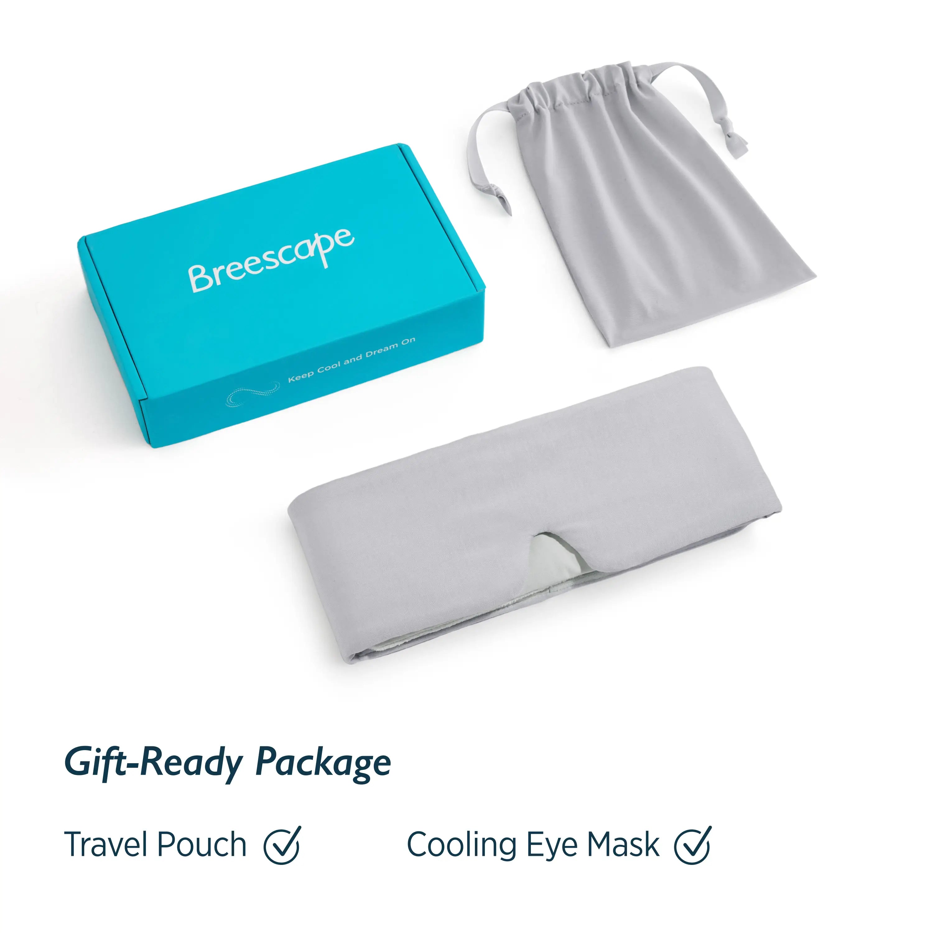 Breescape cooling eye mask in mint green with a grey travel pouch and branded gift box.