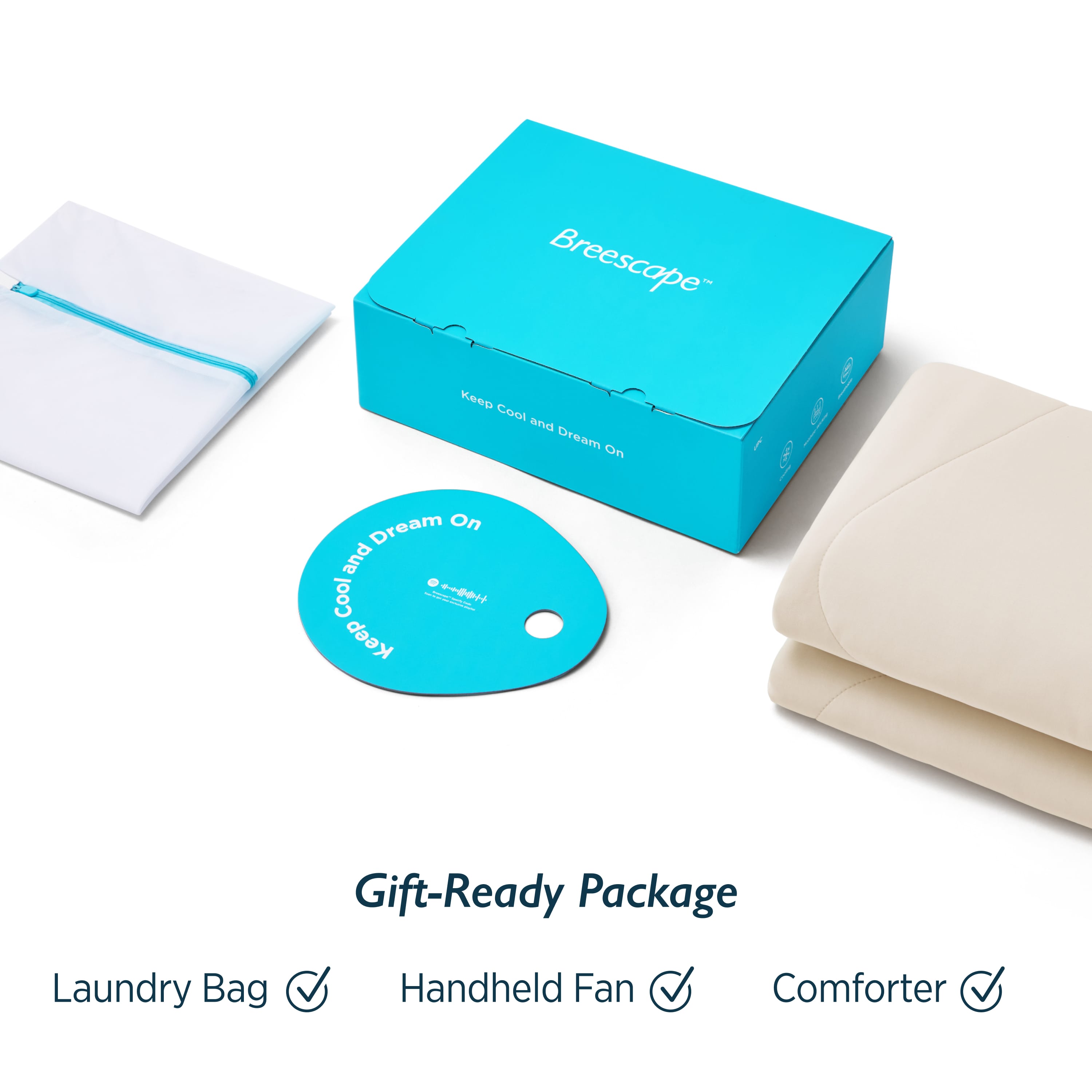 Breescape cooling comforter gift set with laundry bag, fan, and comforter in gift box. Ivory color.