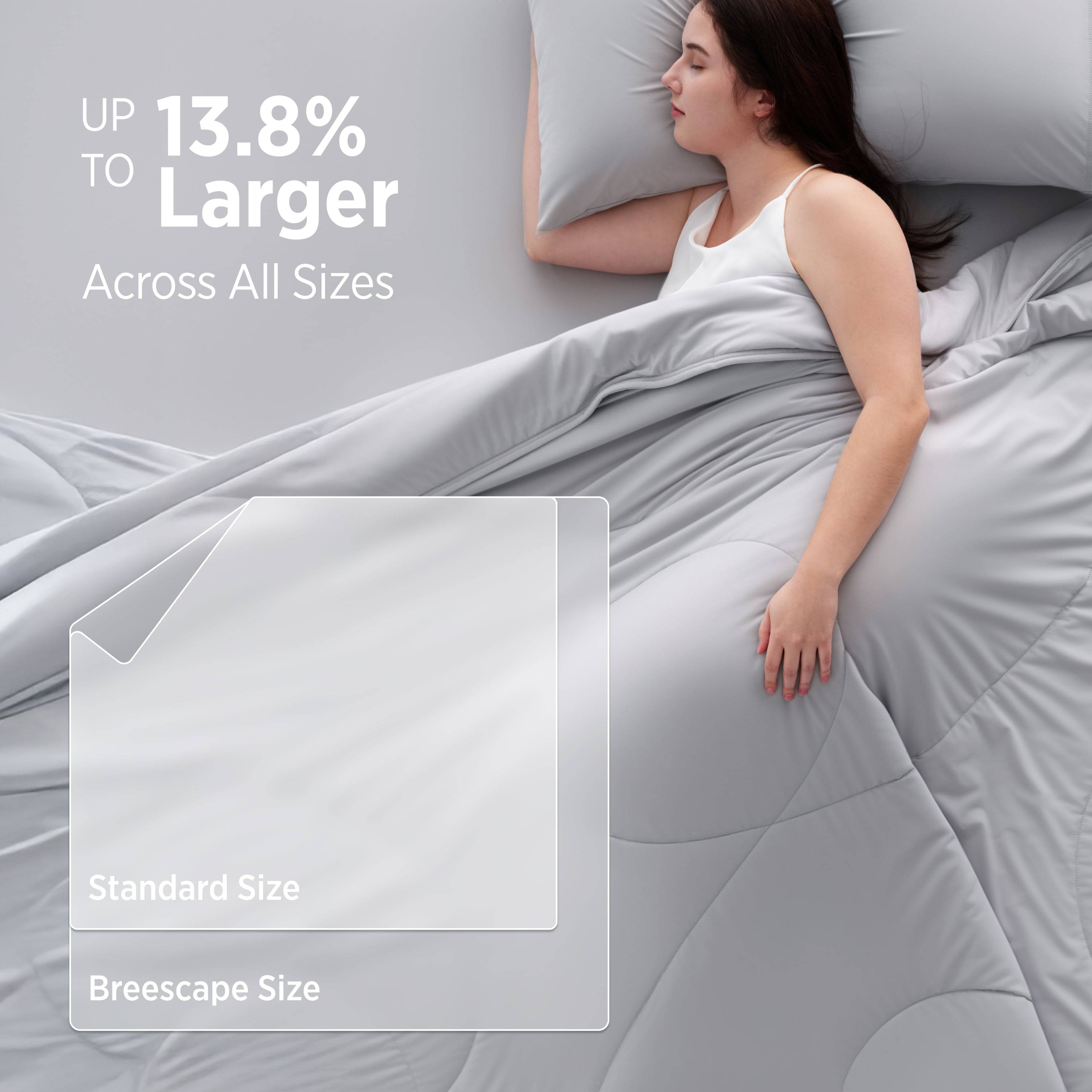 Mom's Choice Award winning Breescape misty grey cooling comforter, 13.8% larger than standard sizes.