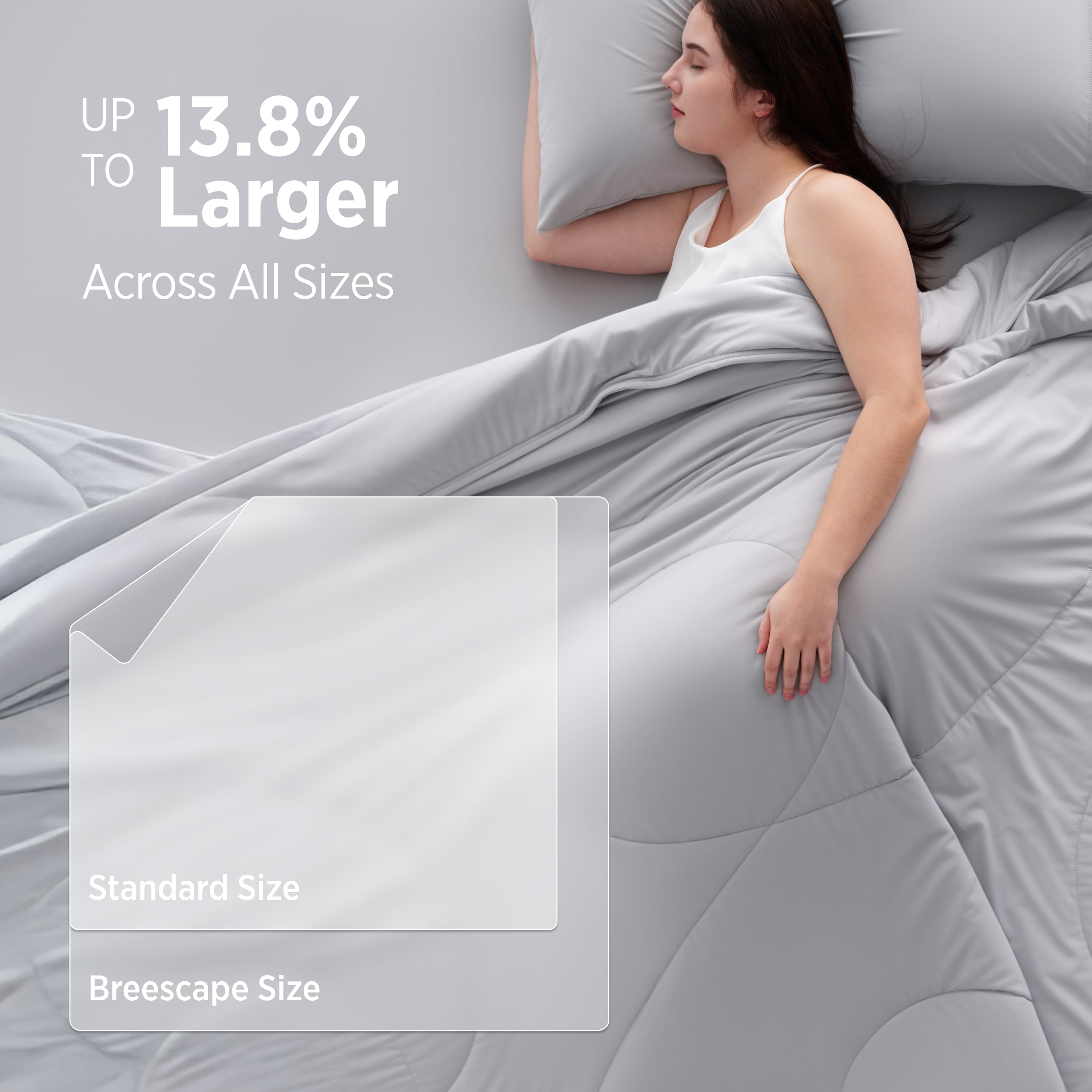 Breescape cooling comforter set in ivory is up to 13.8% larger than standard sizes for full coverage.