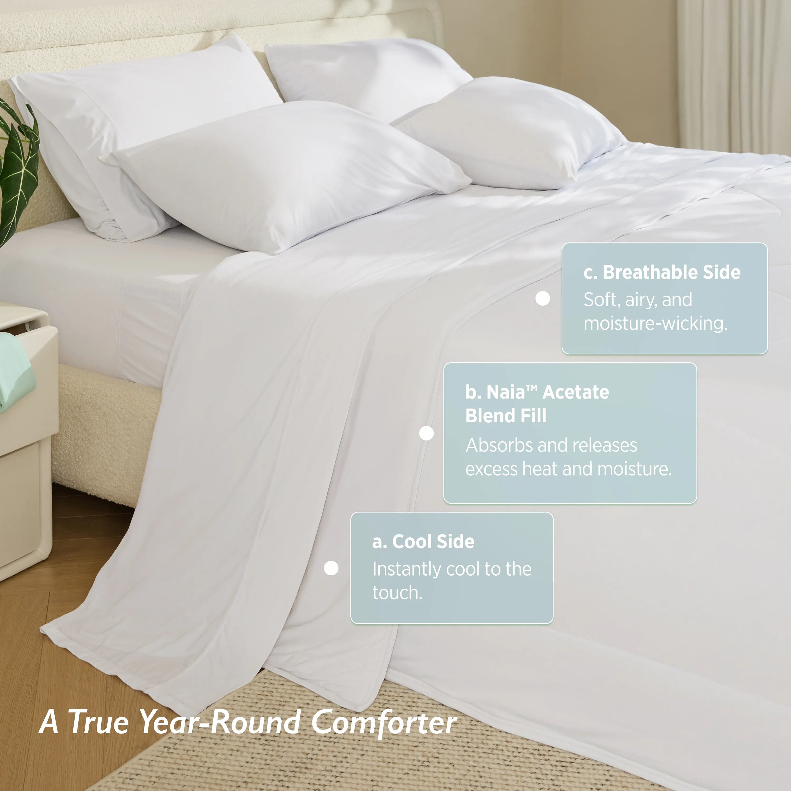 Breescape snow white cooling comforter details highlighting Naia™ Acetate Blend Fill for heat absorption and moisture release.