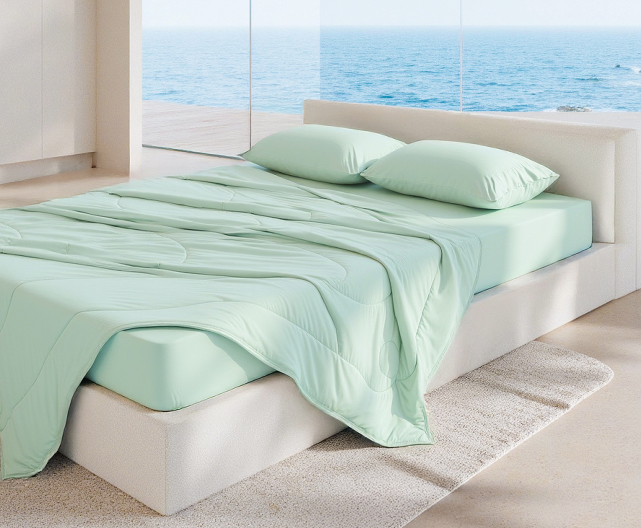 Bed with light green bedding and pillows in a room with a large window showing a blue ocean view.