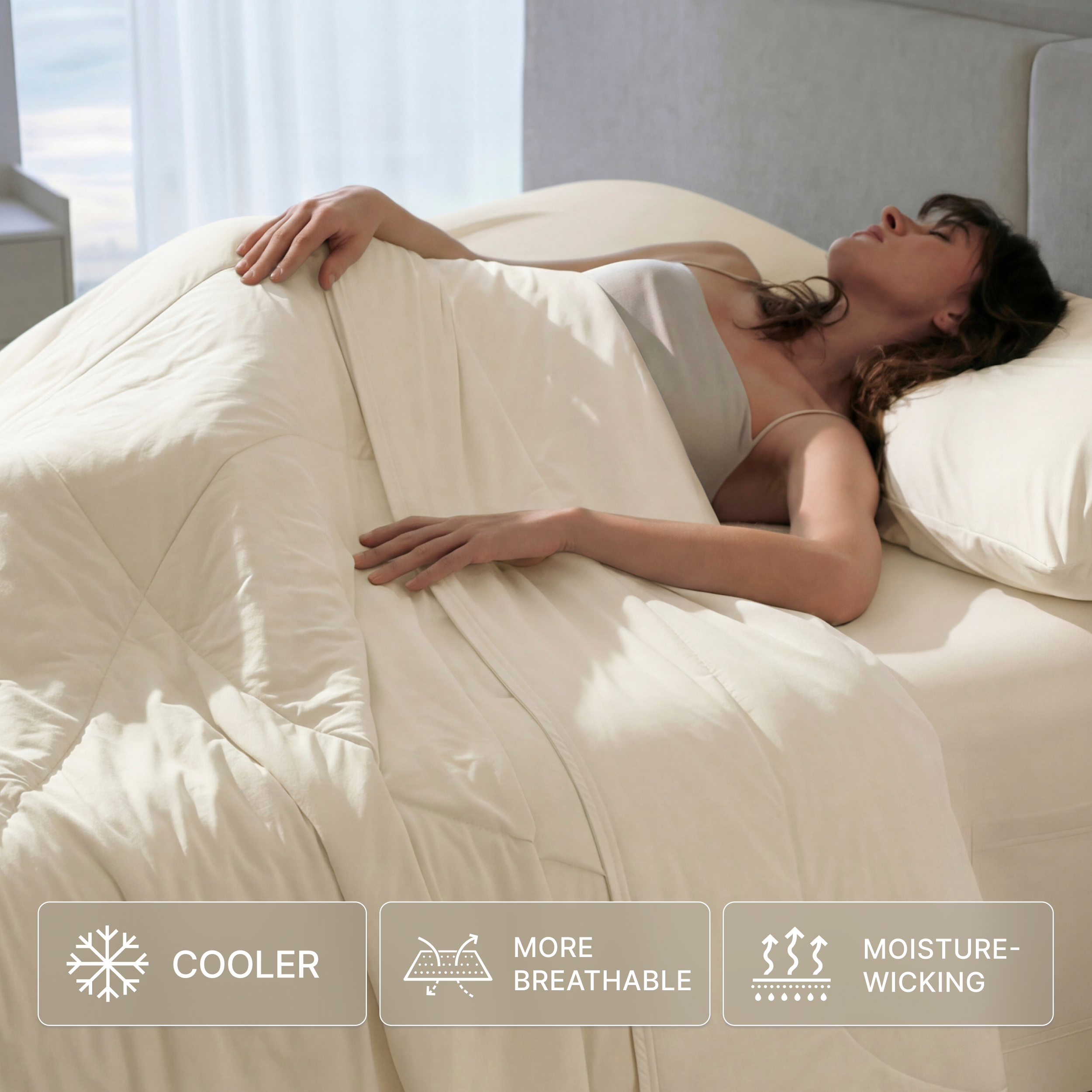 Breescape ivory cooling comforter blanket, designed for hot sleepers with cooler, breathable, moisture-wicking properties.