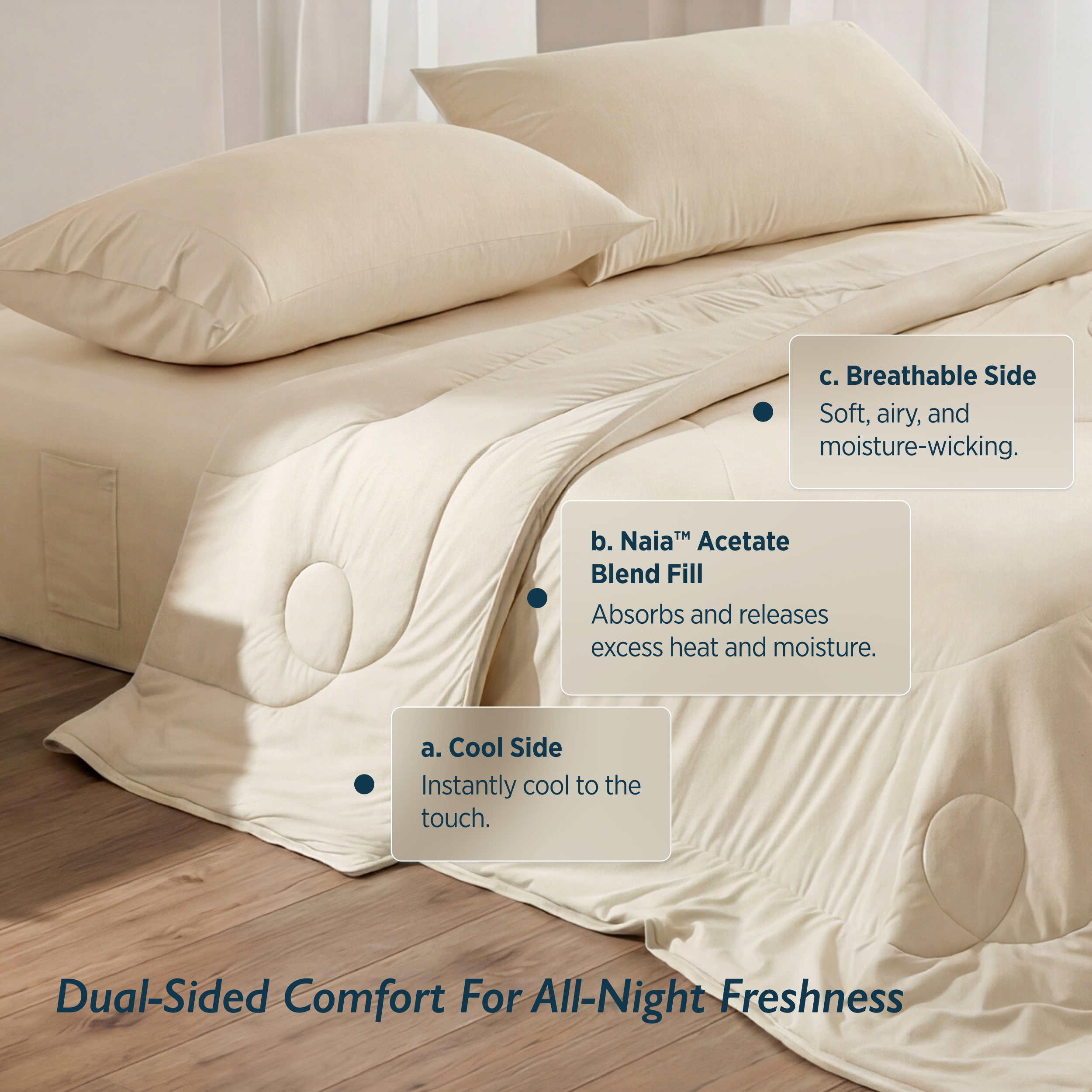 Breescape ivory cooling comforter: dual-sided for hot sleepers, cool touch, Naia™ fill, breathable.
